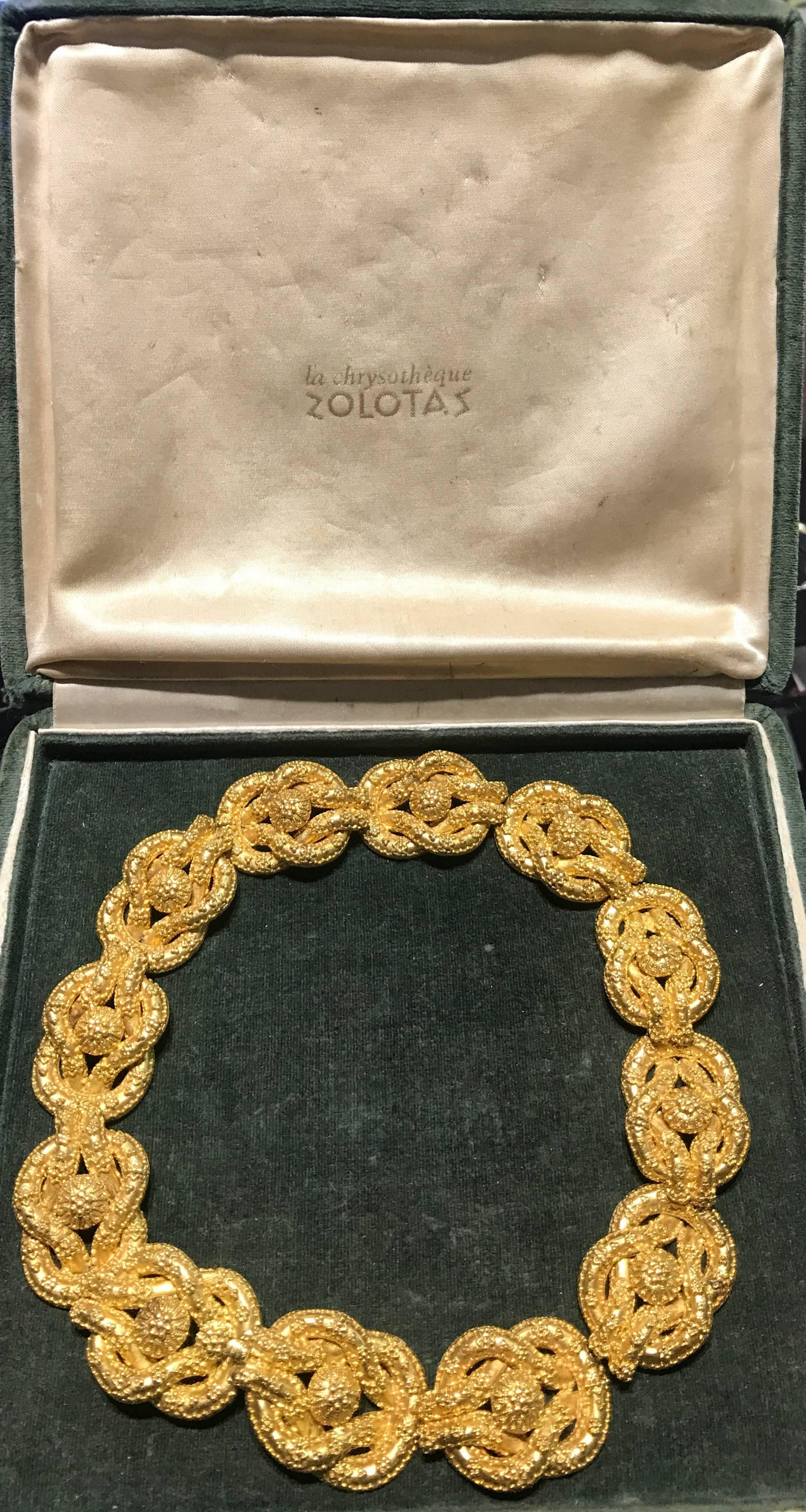 A 22K masterpiece by Zolotas is crafted by hand and proudly in its original box. This necklace has a tongue clasp for its durability and ease of closure. 