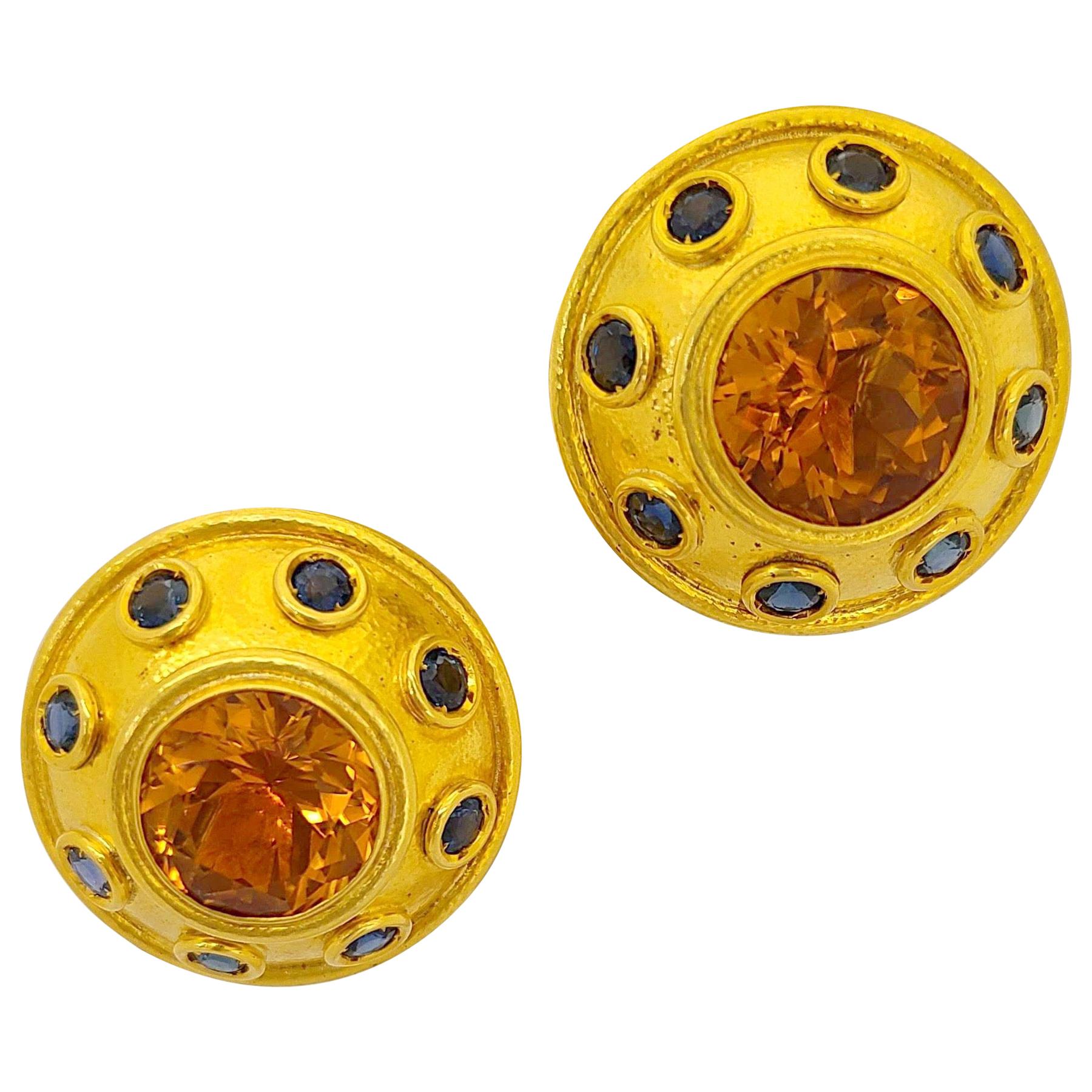 Zolotas 22 Karat Yellow Gold Earrings with 6.00 Carat Citrine and Blue Sapphires For Sale