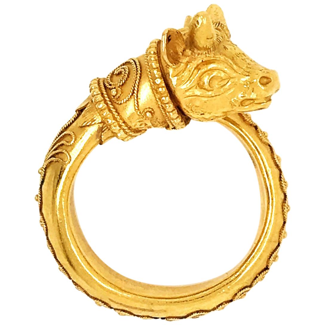 Zolotas 22 Karat Yellow Gold Vintage Greek Revival Animal Head Ring