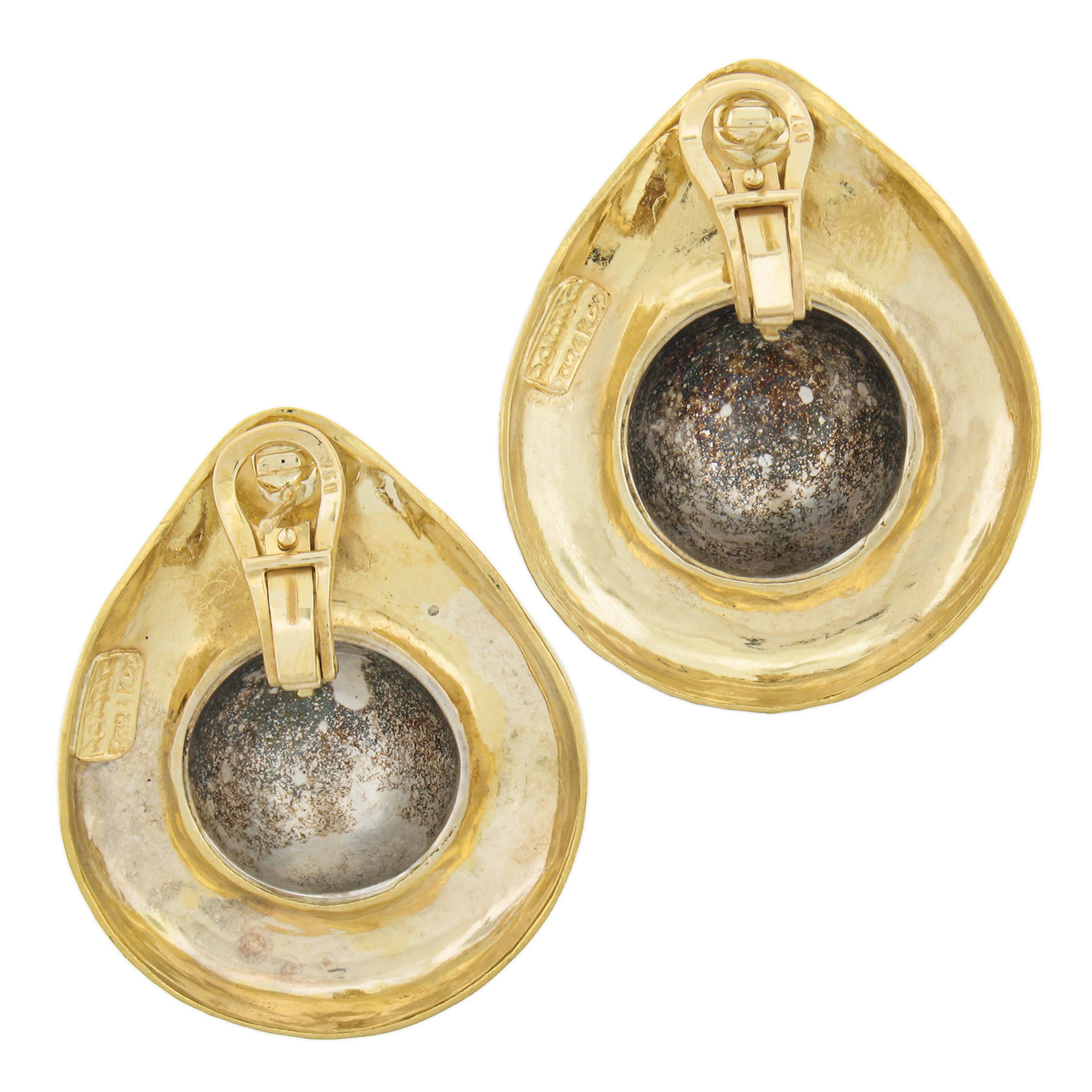 Zolotas 22k Gold & Silver Center Large Hammered Finish Omega Back Cuff Earrings For Sale 1