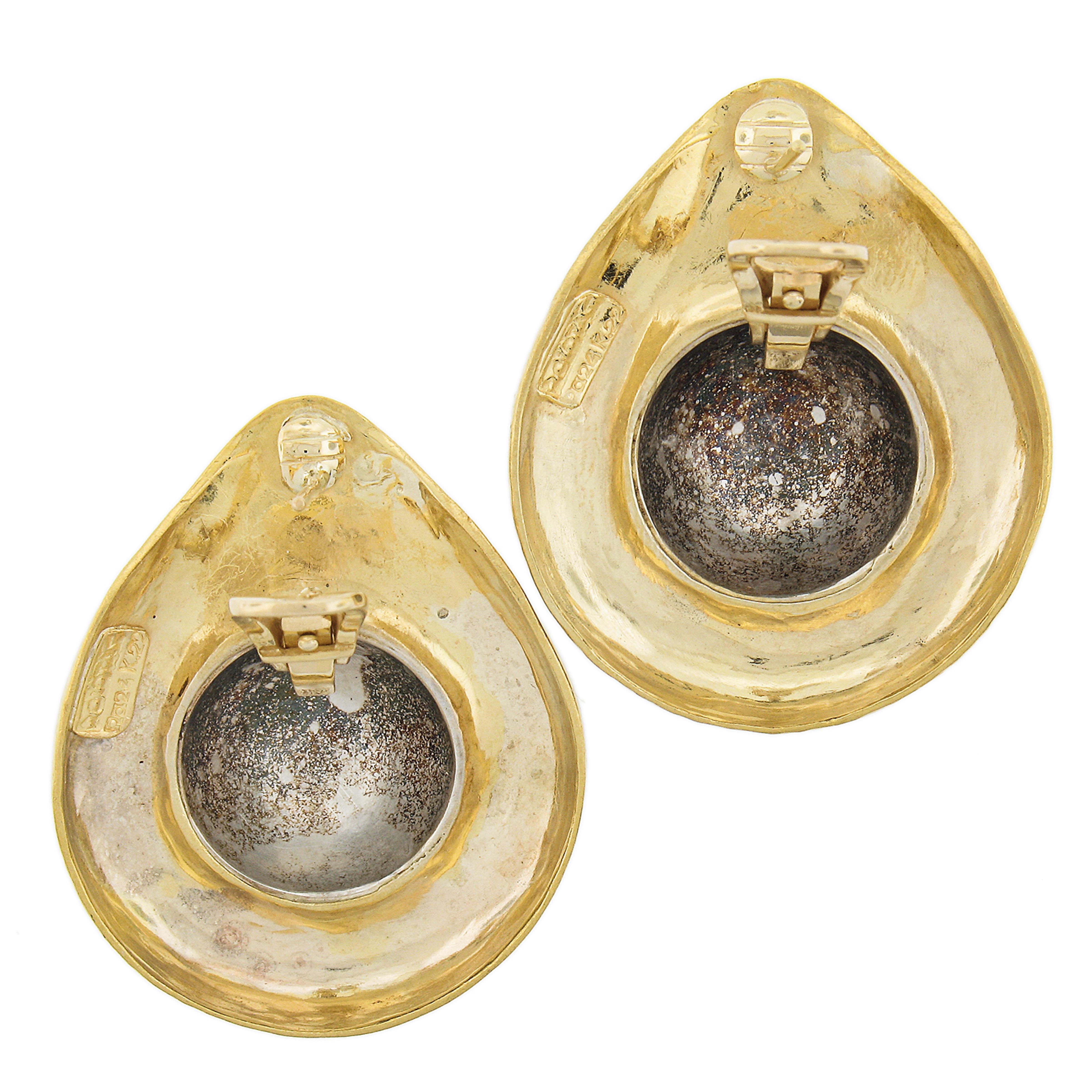 Zolotas 22k Gold & Silver Center Large Hammered Finish Omega Back Cuff Earrings For Sale 2