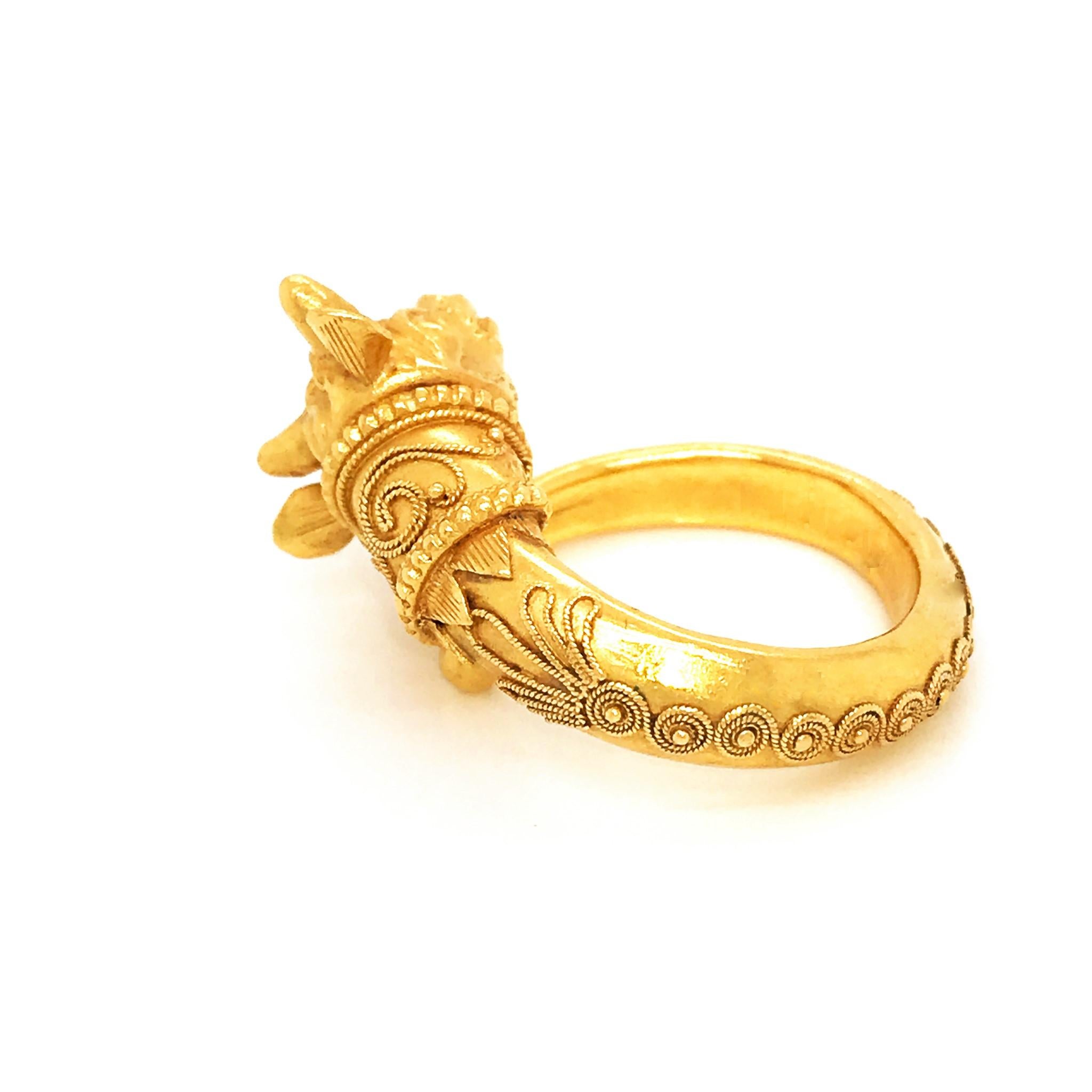 Women's or Men's Zolotas 22 Karat Yellow Gold Vintage Greek Revival Animal Head Ring