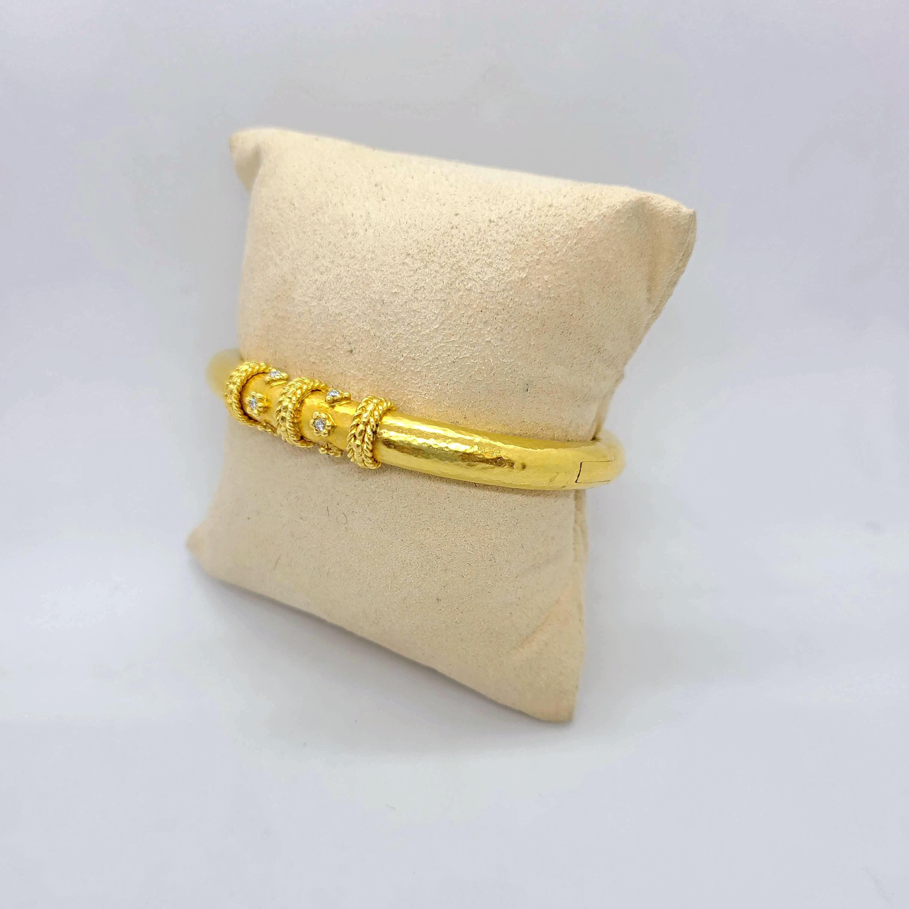 Classical Greek Zolotas 22 Karat Yellow Gold and .26 Carat Diamond Hammered Bangle Bracelet