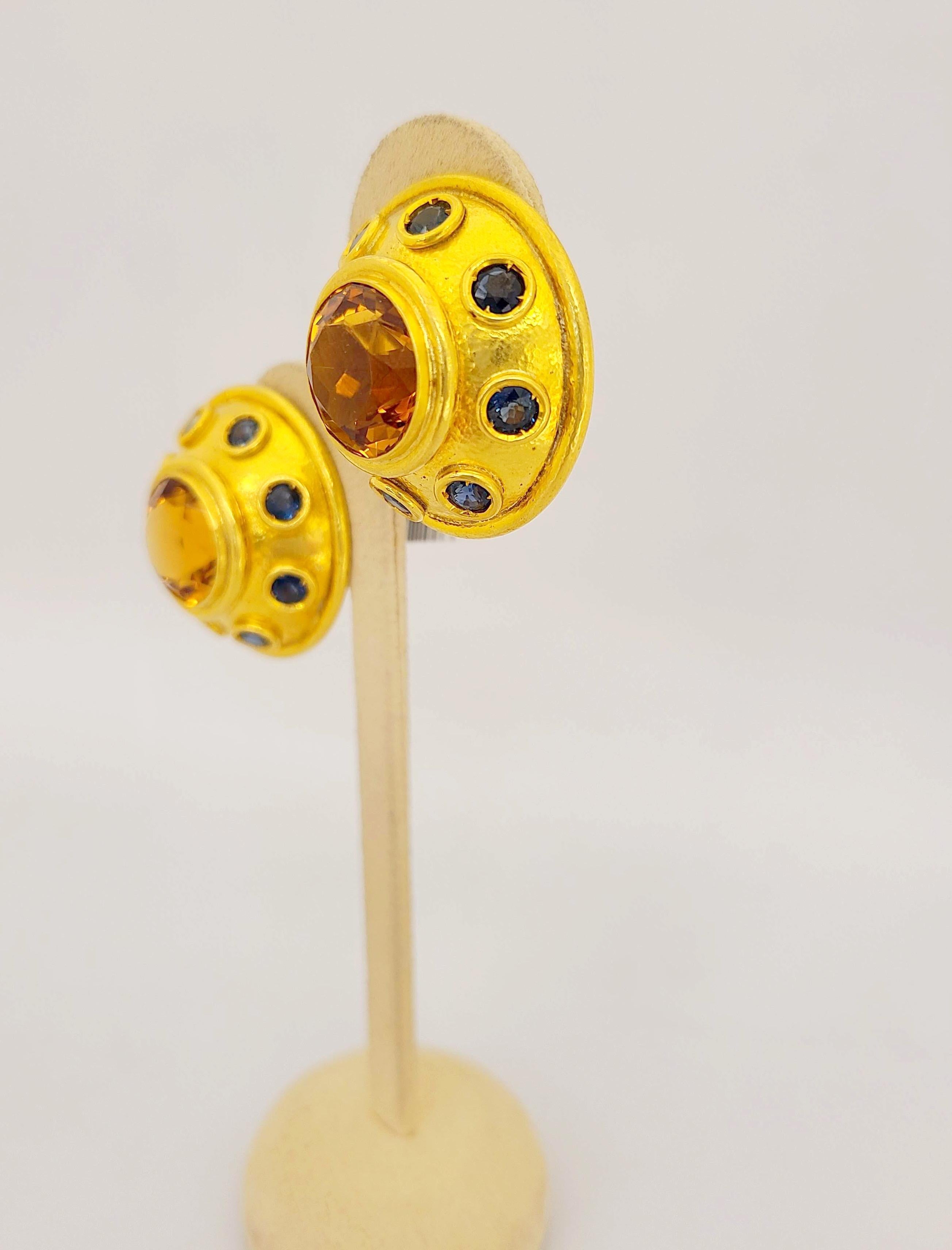 Round Cut Zolotas 22 Karat Yellow Gold Earrings with 6.00 Carat Citrine and Blue Sapphires For Sale