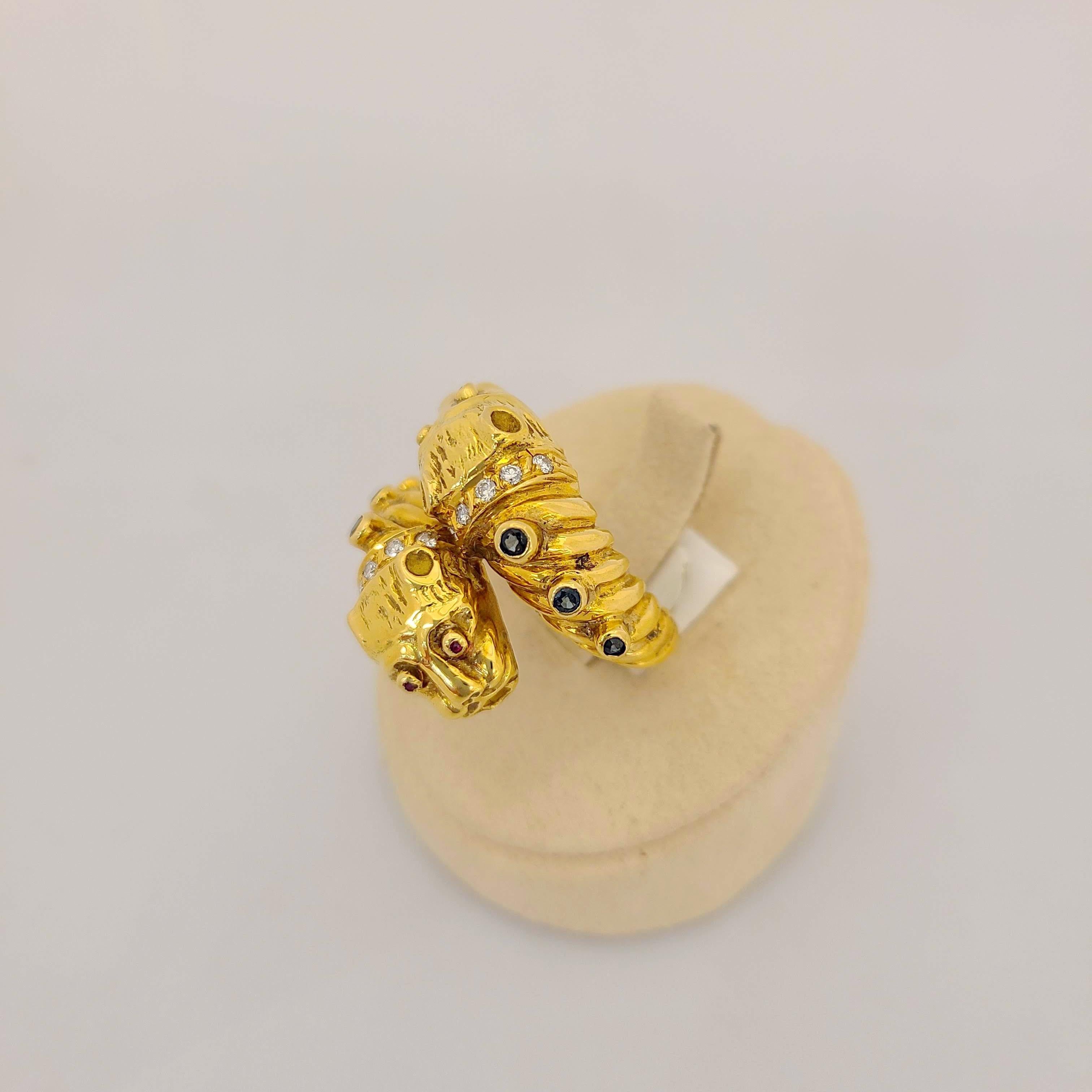 This 18/24 karat yellow gold ring was designed by Zolotas of Athens , Greece. Founded in 1895 the company merges Greek heritage with modern style to create these timeless pieces. Coveted by Royals and Actresses.
The ring is designed with two Chimera