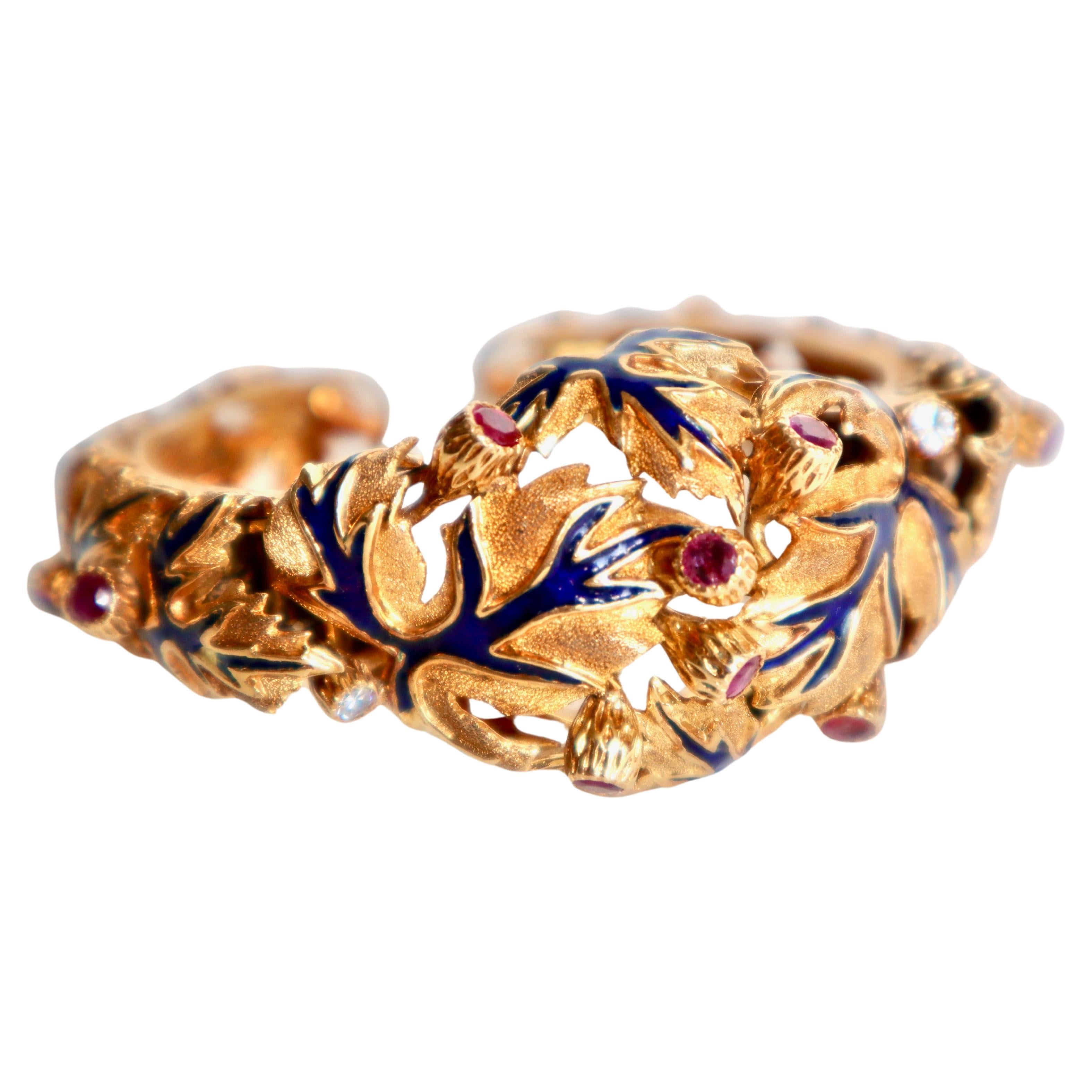 Zolotas Bracelet in 18 Karat Yellow Gold Enamel Ruby Diamonds 1970s For Sale