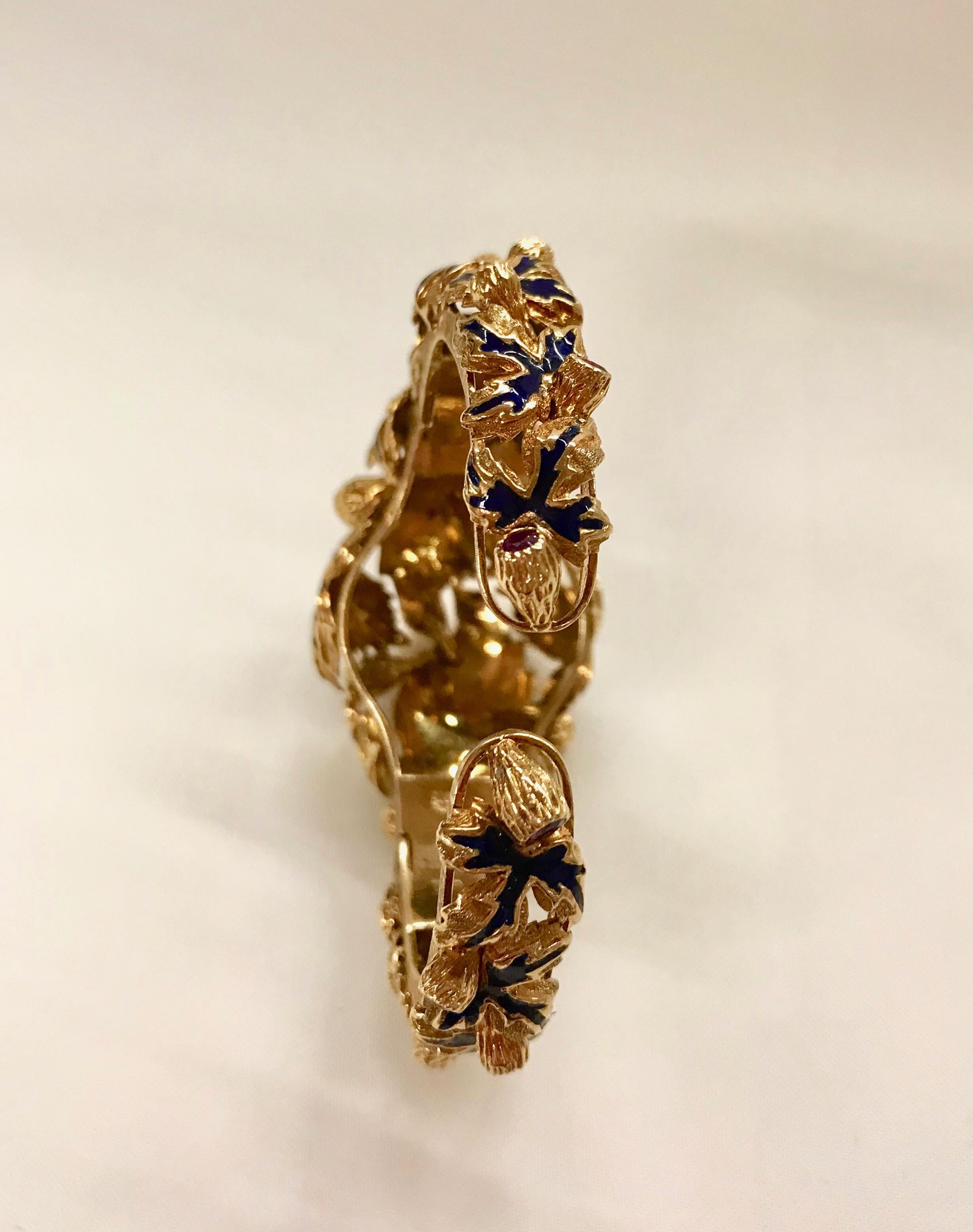 Zolotas Bracelet in 18 Karat Yellow Gold Foliage Pattern Enamel Ruby Diamonds 1