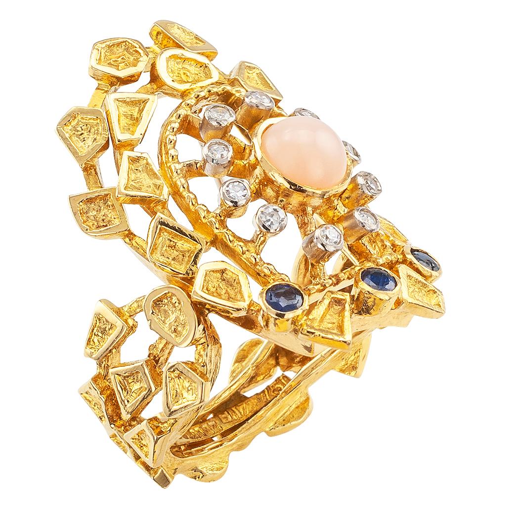 Artisan Zolotas Coral Diamond Sapphire Gold Ring