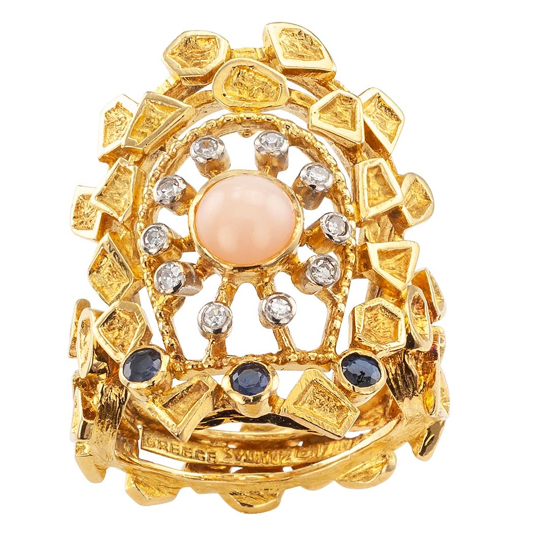Zolotas Coral Diamond Sapphire Gold Ring