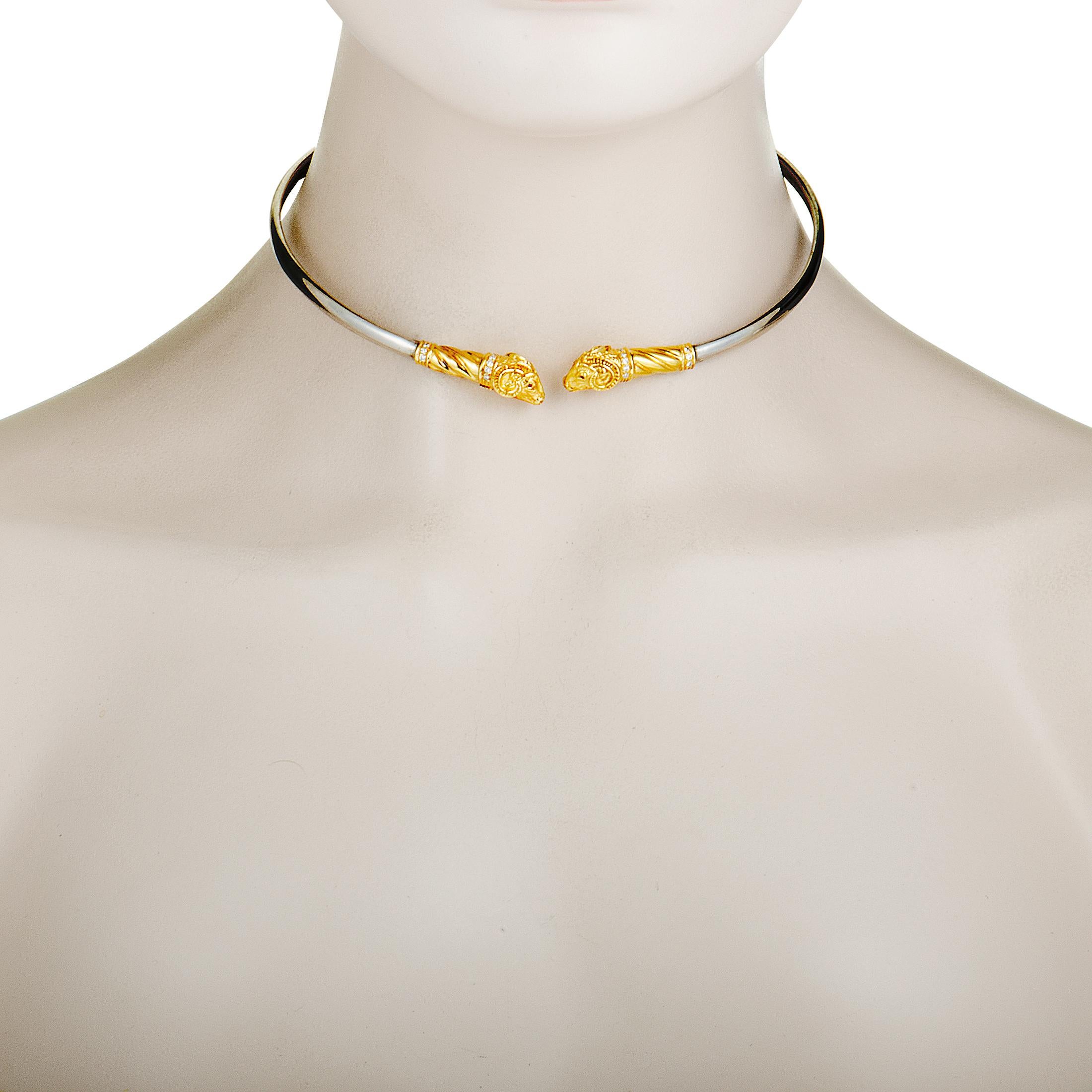 Accentuated with two exquisite ram motifs that are presented in alluring gold, this superb 18K yellow gold and silver necklace from Zolotas will add a stunningly fashionable touch to your ensembles with a distinct hint of luxe allure. The necklace