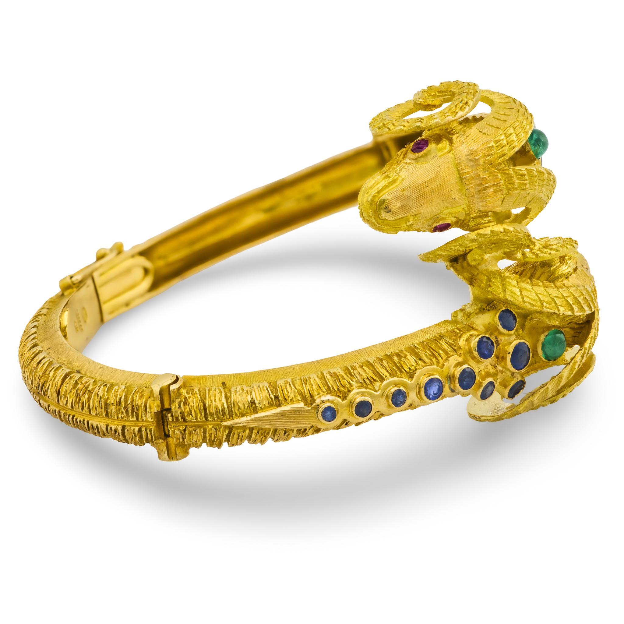 Contemporary Zolotas gemstone 18k yellow gold Ram's head crossover bangle For Sale