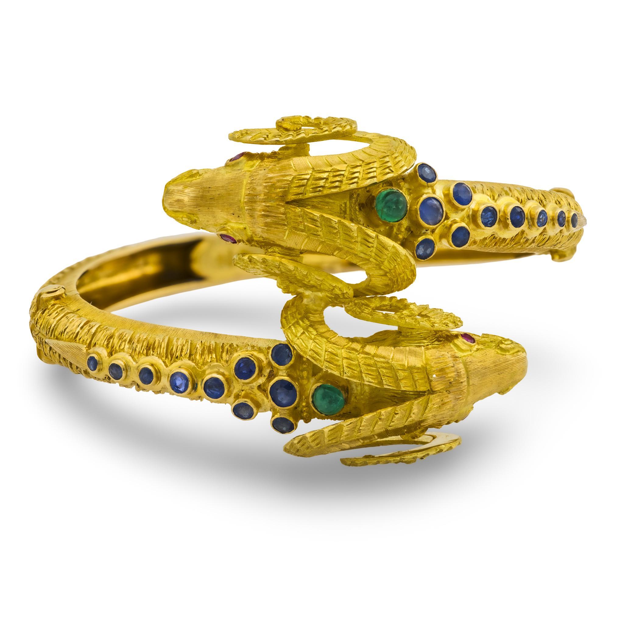 Zolotas gemstone 18k yellow gold Ram's head crossover bangle For Sale 2