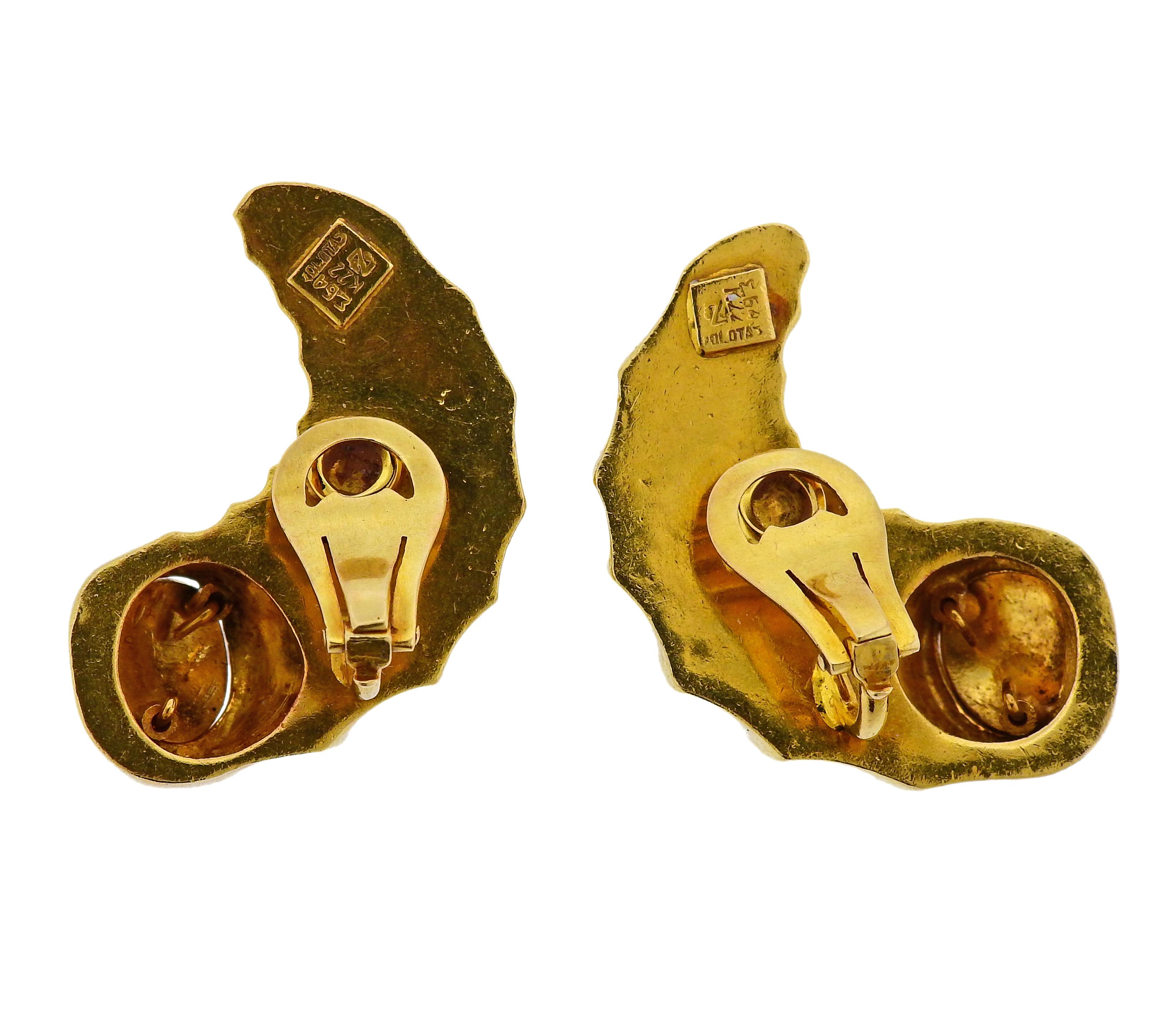 Pair of 22k yellow gold earrings, designed by Greek jewelry maker Zolotas.  Earrings measure 36mm x 26mm. Weight is 42.2 grams. Marked: k22, Zolotas, E64.