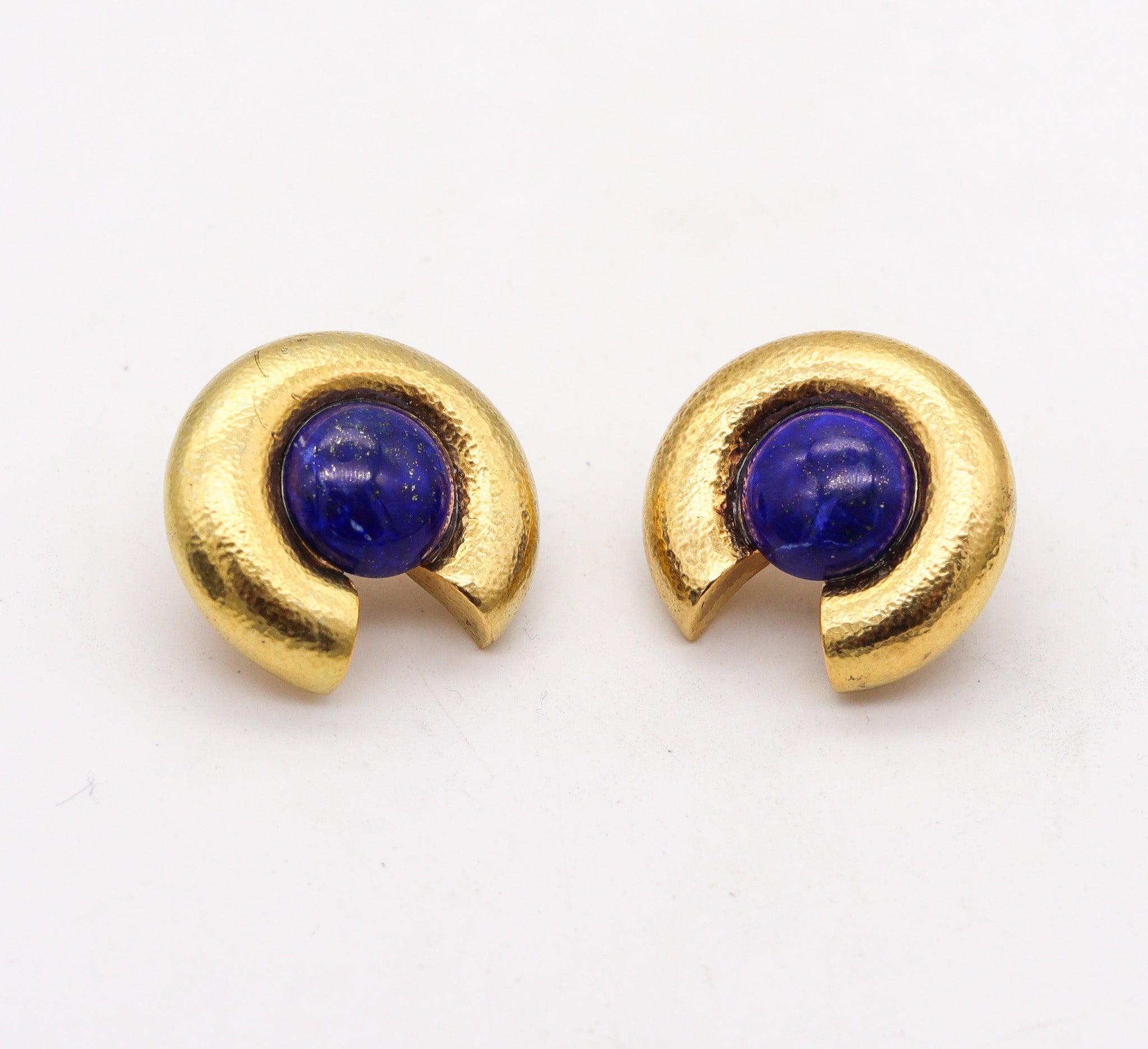 Modernist ZOLOTAS Greece Clips On Earrings in Solid 22Kt Yellow Gold With Lapis Lazuli For Sale