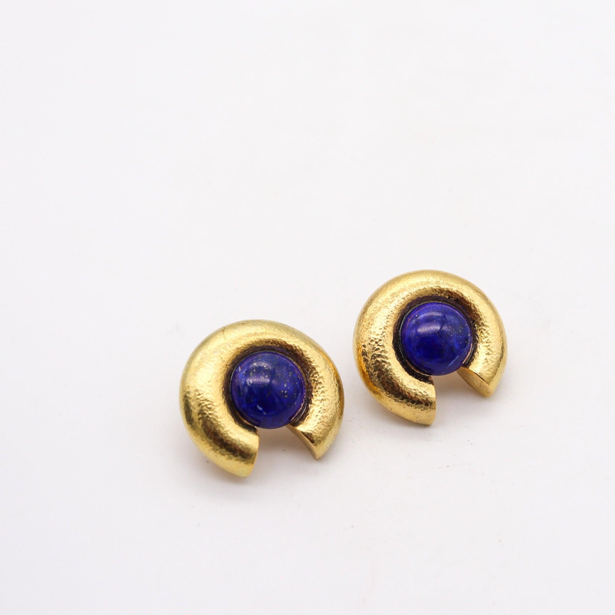 Cabochon ZOLOTAS Greece Clips On Earrings in Solid 22Kt Yellow Gold With Lapis Lazuli For Sale