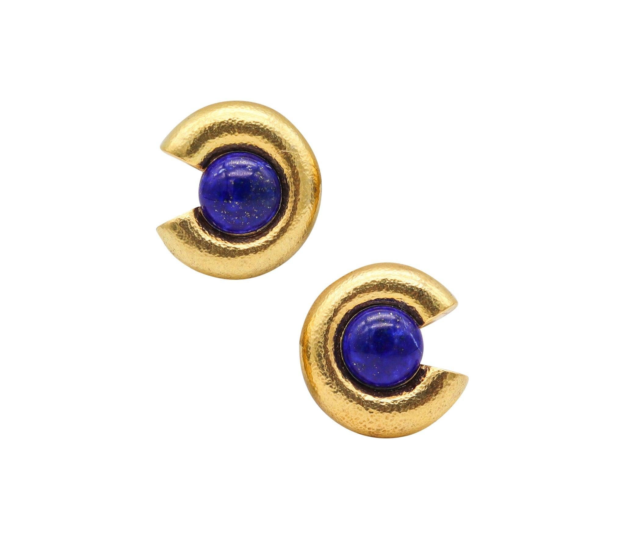 ZOLOTAS Greece Clips On Earrings in Solid 22Kt Yellow Gold With Lapis Lazuli For Sale 2