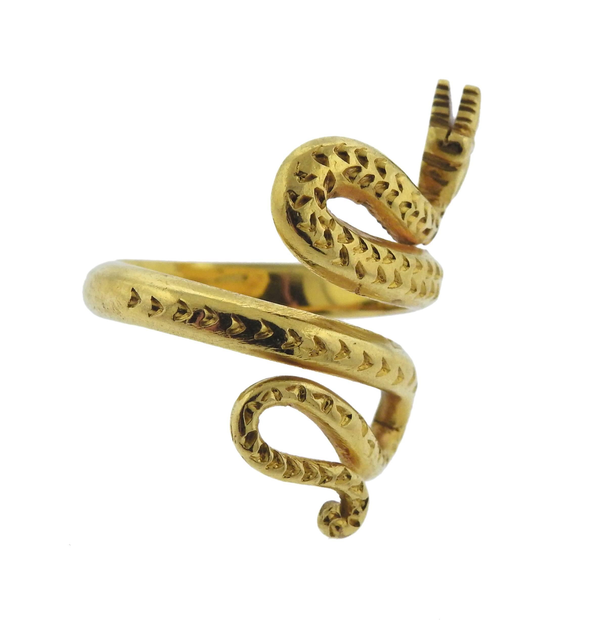 22k yellow gold snake ring, crafted by Greek designer Zolotas. Ring size - 6.5, ring top - 30mm wide, weighs 9.8 grams.