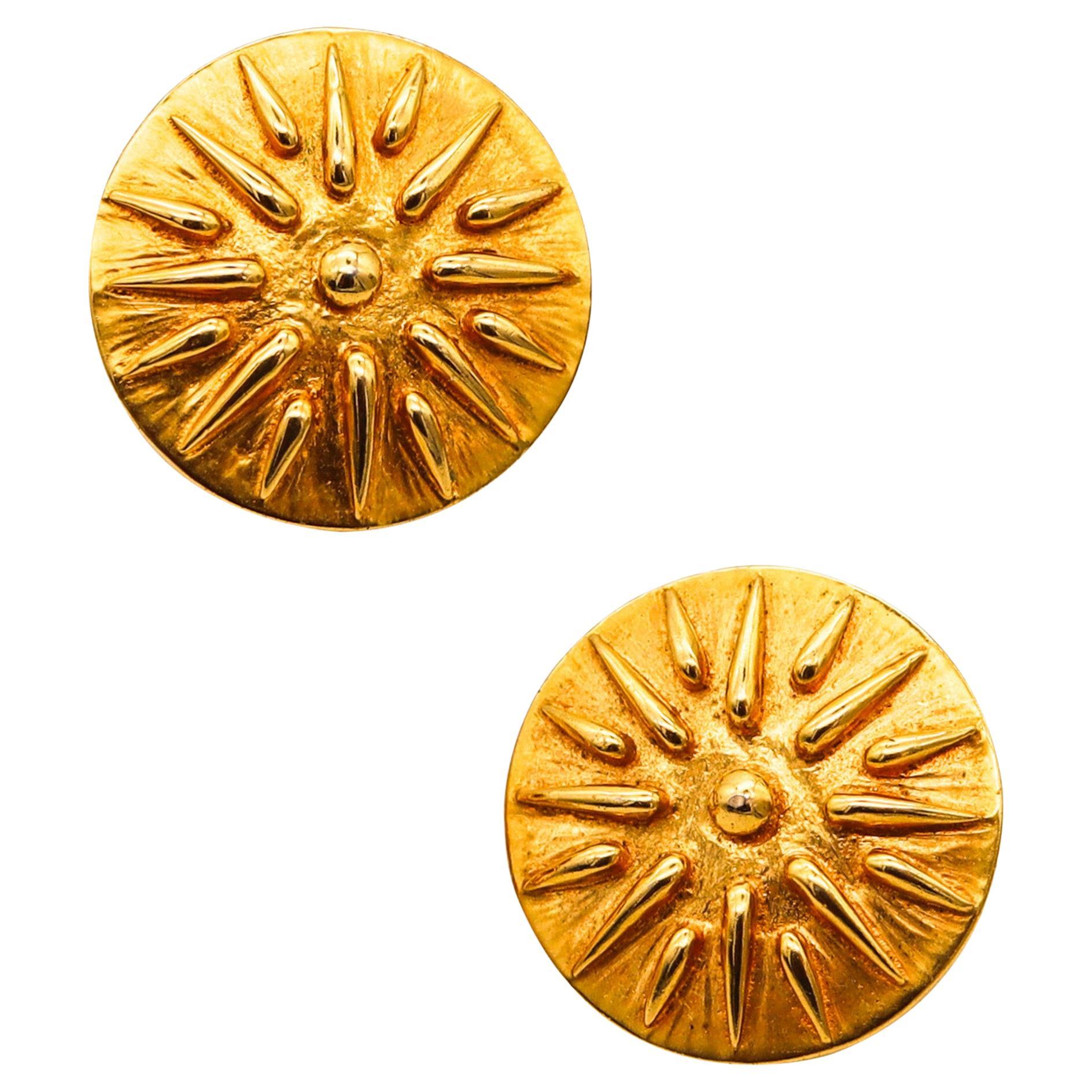 Zolotas Greece Round Sunburst Studs Earrings in Solid 18Kt Yellow Gold For Sale
