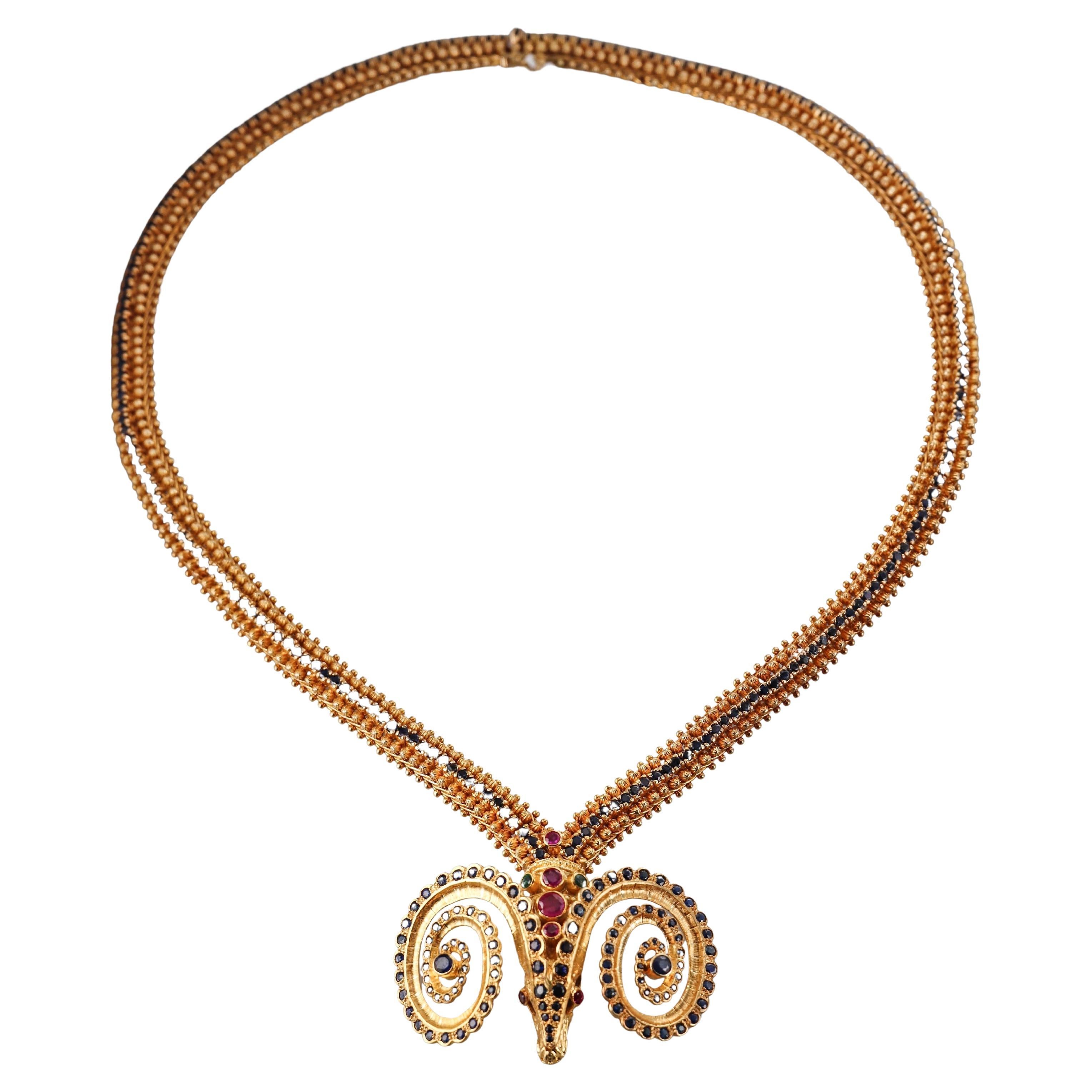 Zolotas Greece Ruby Sapphire Emerald 18k Gold Ram's Head Necklace