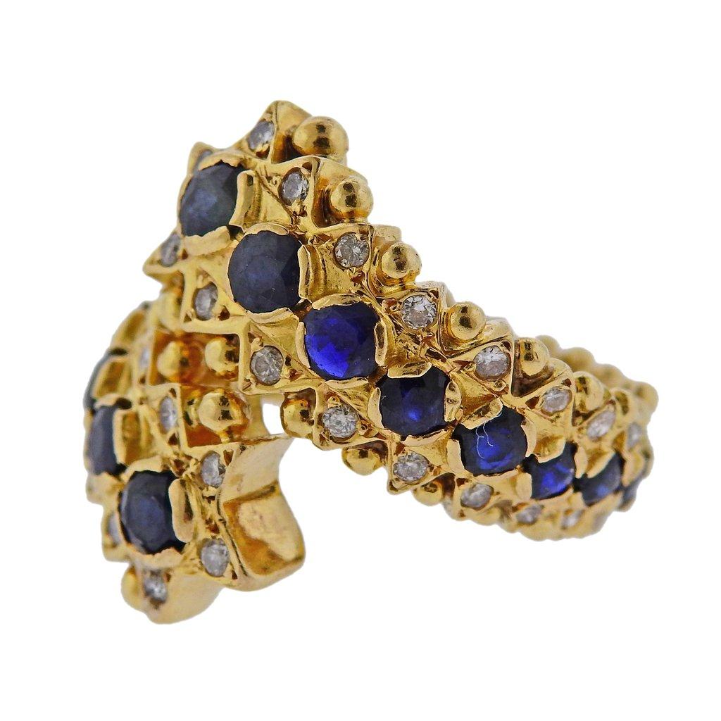 Zolotas Greece Sapphire Diamond Gold Ring In Excellent Condition For Sale In Lambertville, NJ