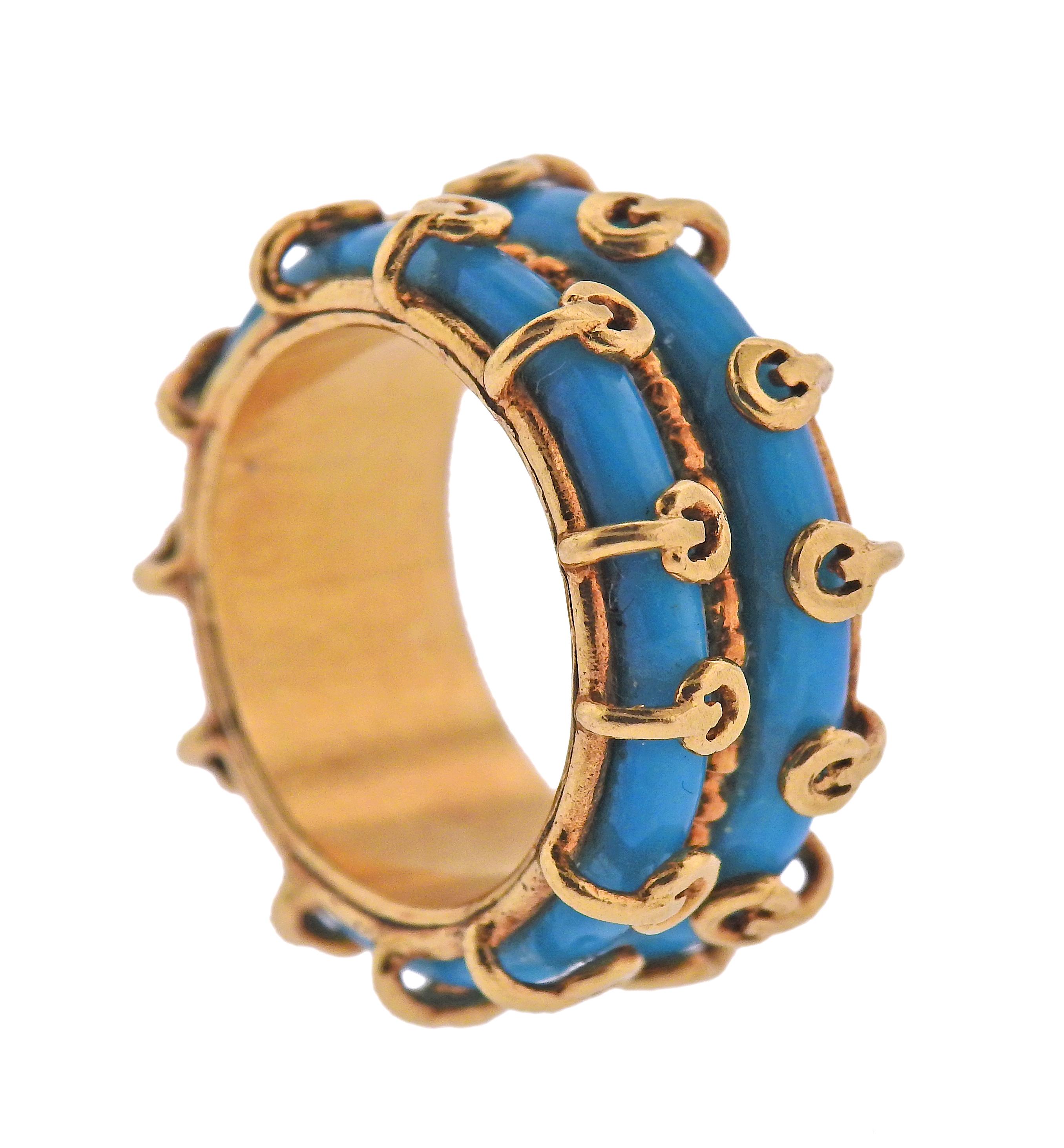 18k gold double row turquoise band ring by Zolotas of Greece. Ring size 5, ring is 11mm wide. Marked: L47, Z, 750. Weight of the piece - 9.3 grams. 
