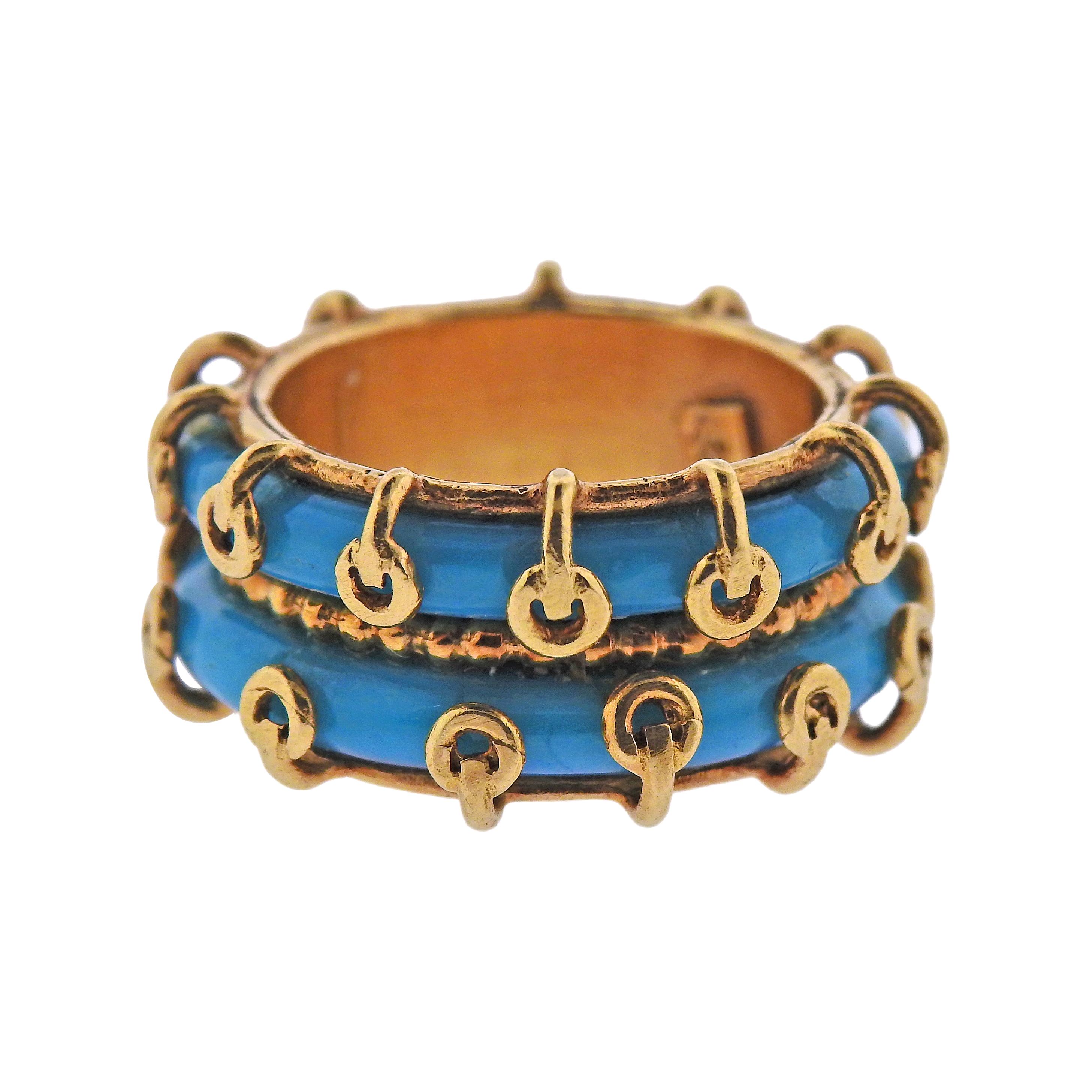 Zolotas Grèce Bague à double rangée de turquoises en or