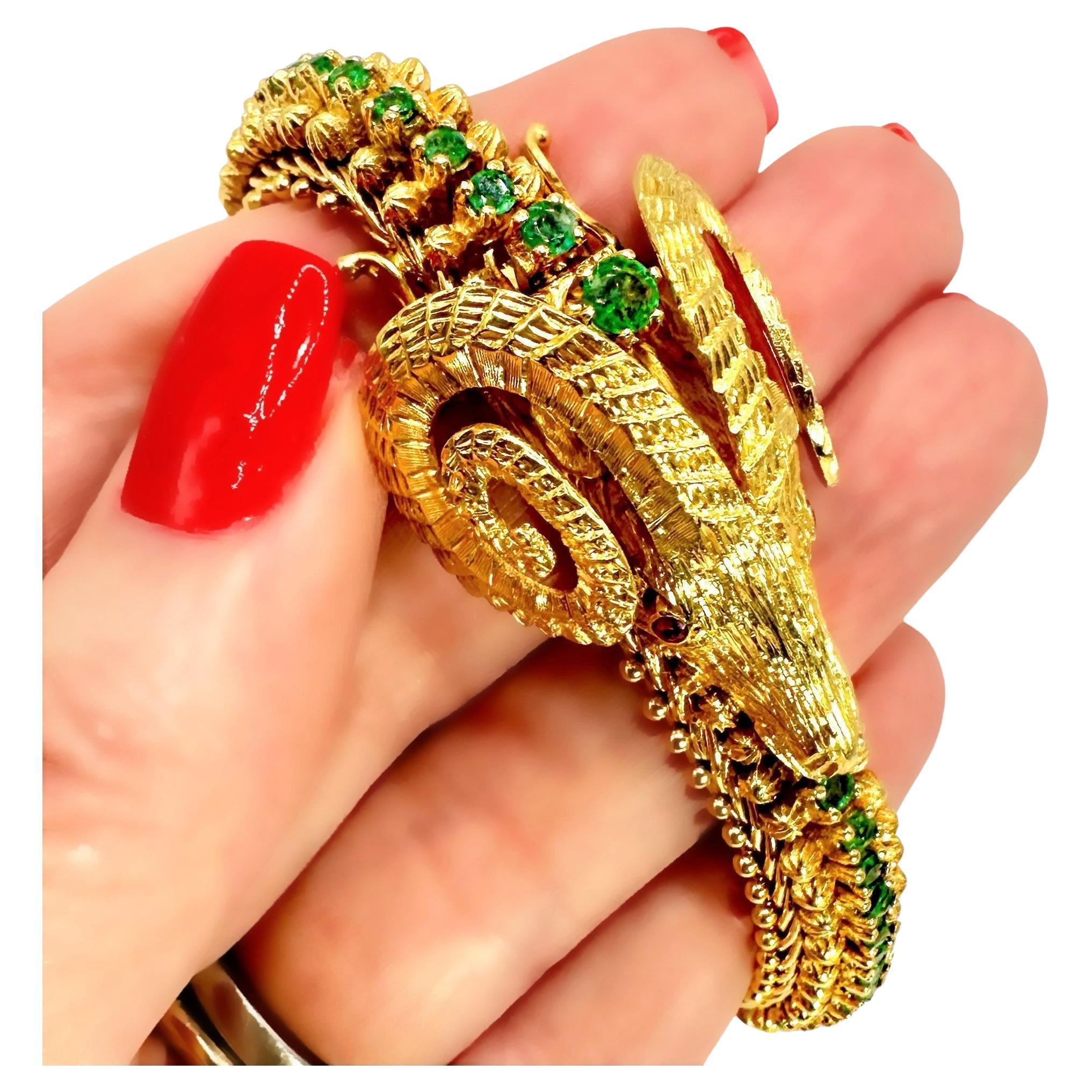 Zolotas Greek 18K Yellow Gold Rams Head Bracelet with Emerald Spine & Ruby Eyes 1