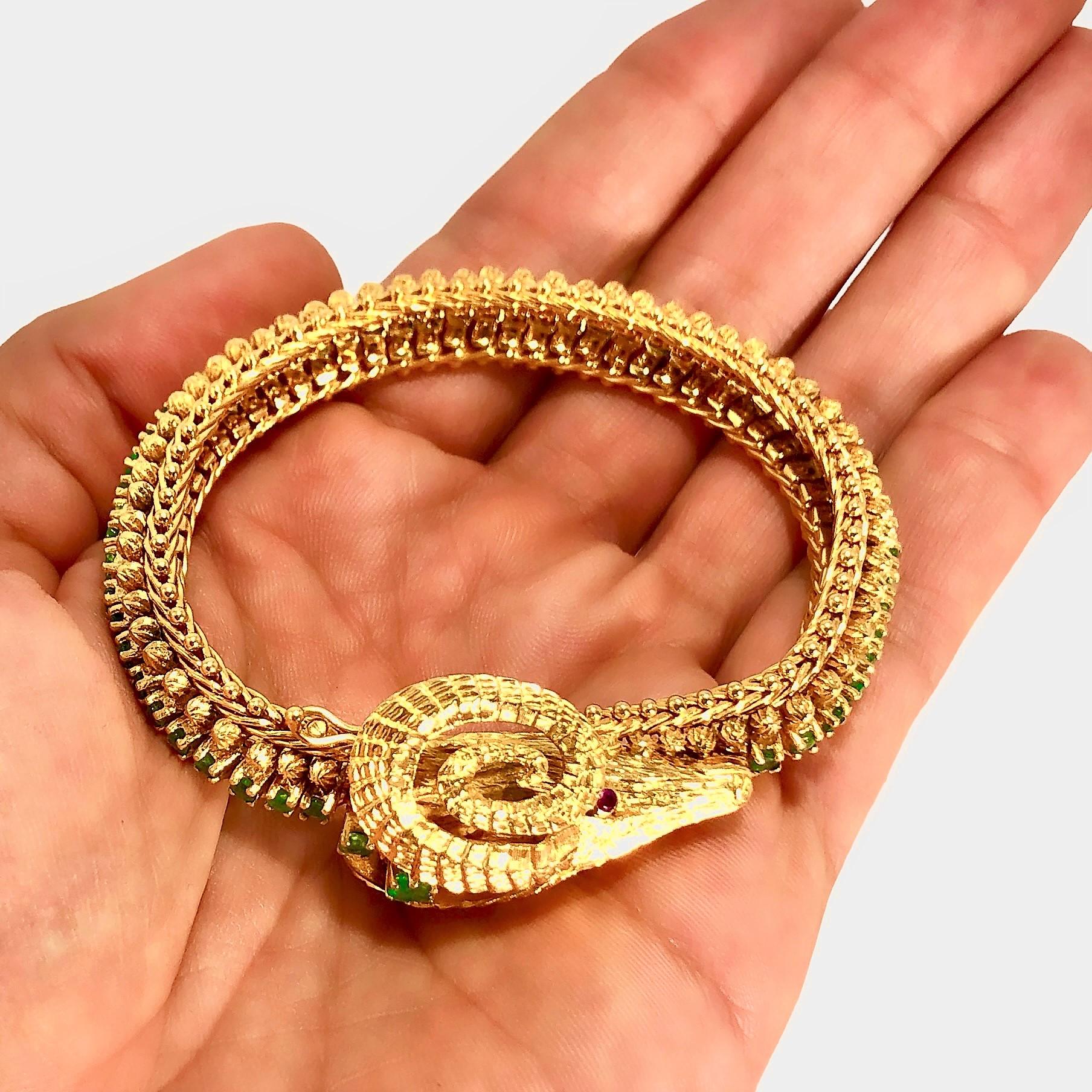 Zolotas Greek 18K Yellow Gold Rams Head Bracelet with Emerald Spine & Ruby Eyes 2