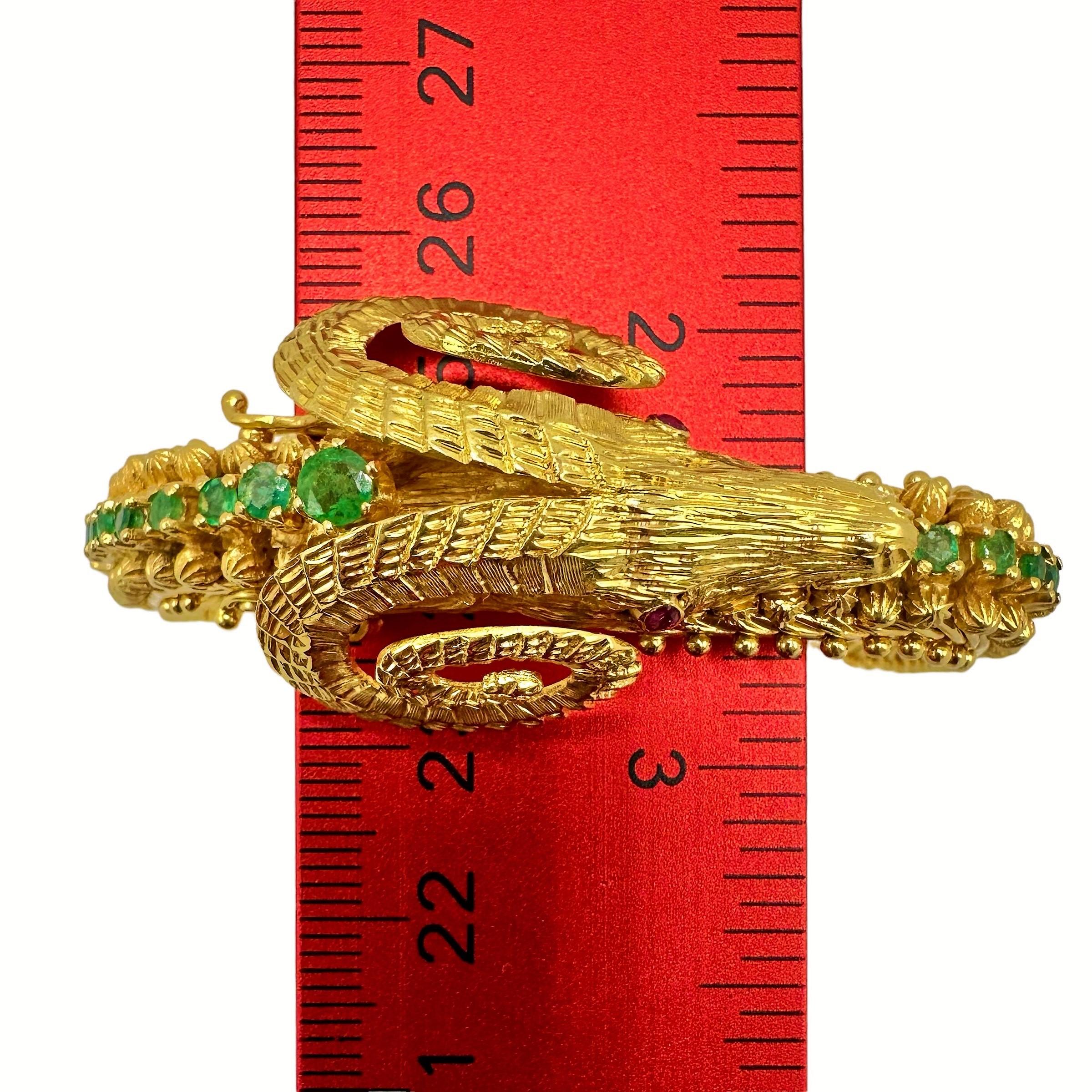 Emerald Cut Zolotas Greek 18K Yellow Gold Rams Head Bracelet with Emerald Spine & Ruby Eyes