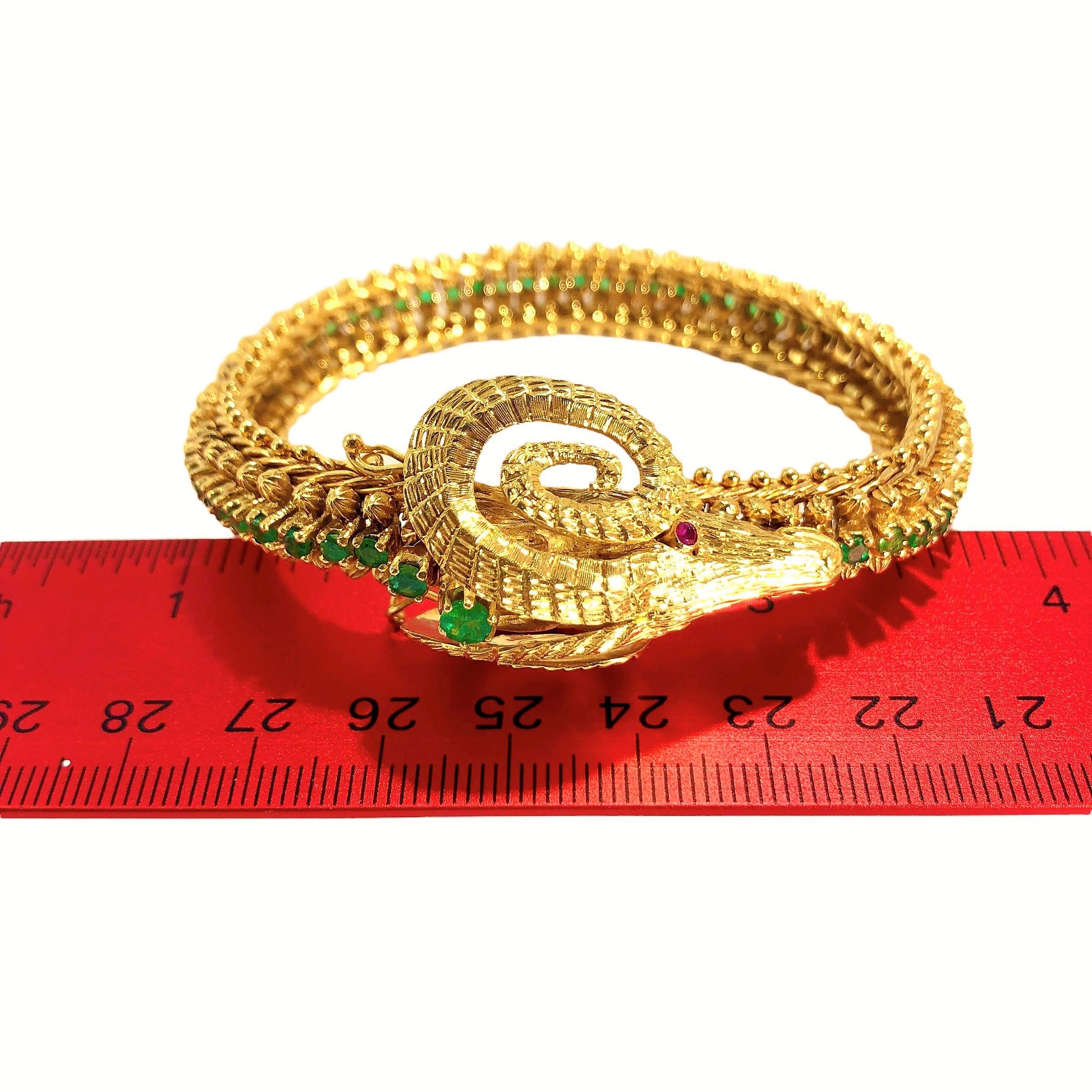 Zolotas Greek 18K Yellow Gold Rams Head Bracelet with Emerald Spine & Ruby Eyes In Good Condition In Palm Beach, FL