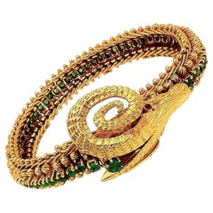 Zolotas Greek 18K Yellow Gold Rams Head Bracelet with Emerald Spine & Ruby Eyes