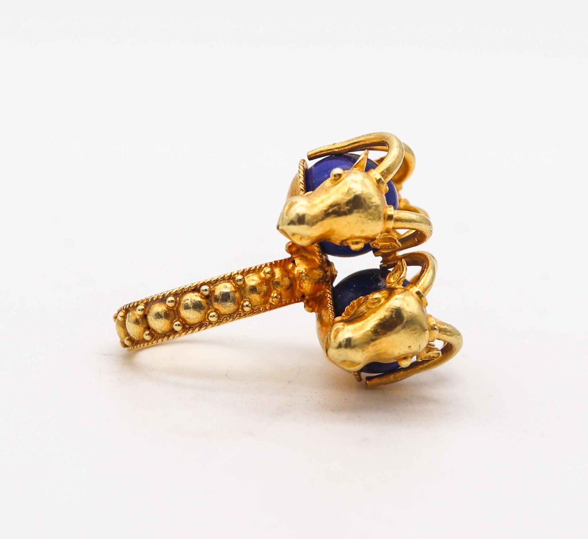 Greek Revival Zolotas Greek Four Rams Cocktail Ring In 21Kt Yellow Gold With Blue Lapis Lazuli For Sale