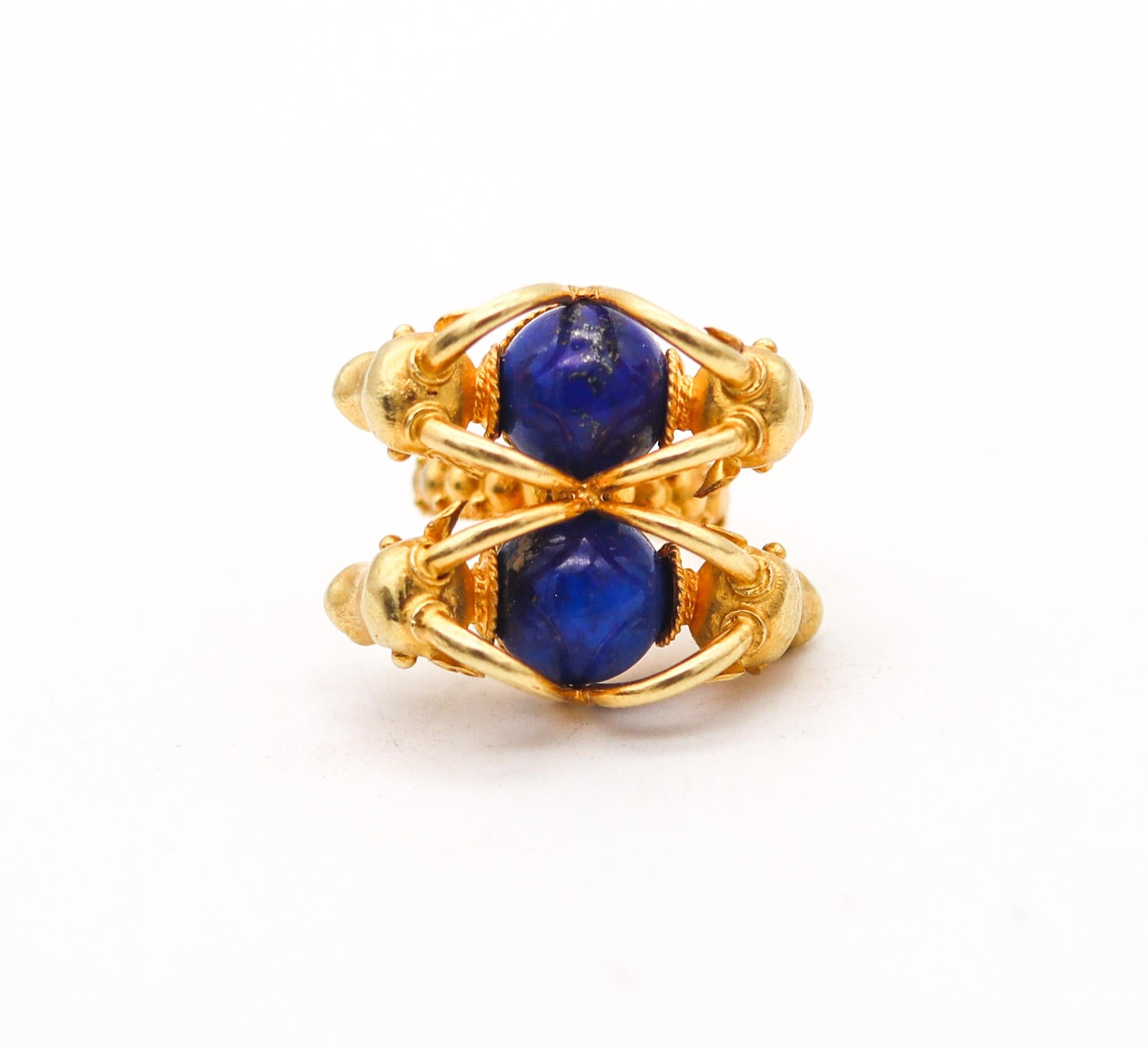 Cabochon Zolotas Greek Four Rams Cocktail Ring In 21Kt Yellow Gold With Blue Lapis Lazuli For Sale