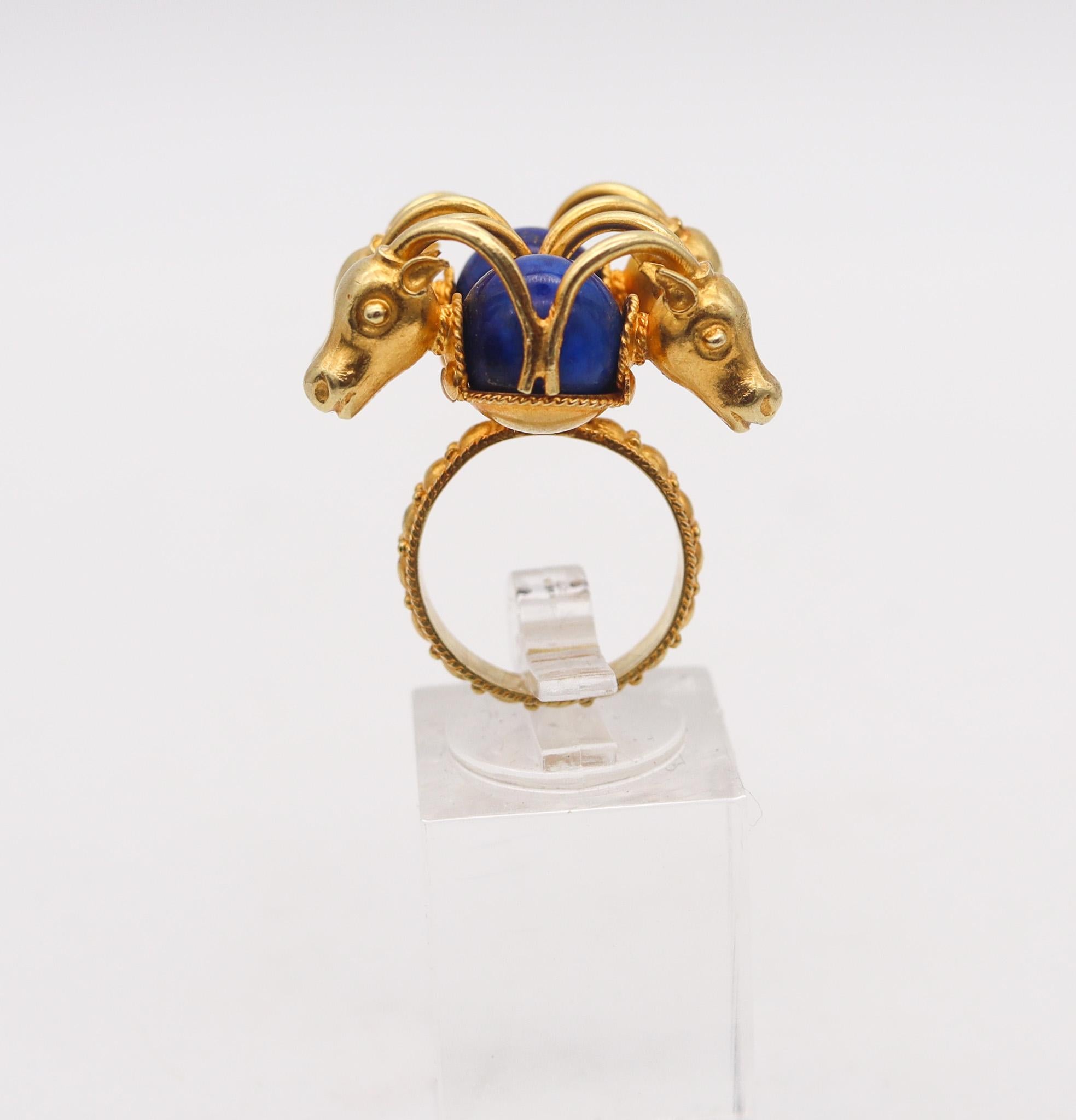 Zolotas Greek Four Rams Cocktail Ring In 21Kt Yellow Gold With Blue Lapis Lazuli In Excellent Condition For Sale In Miami, FL