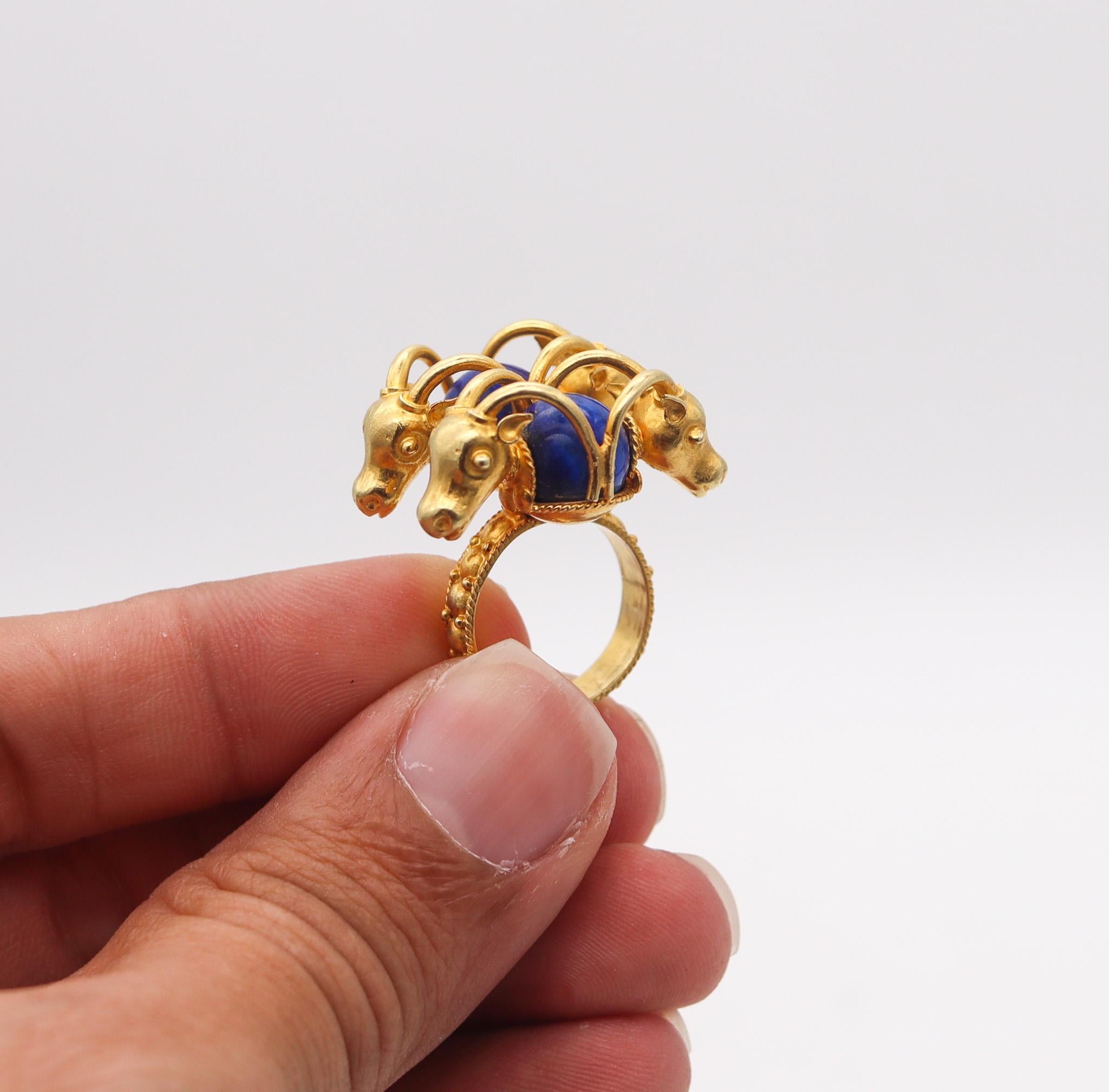 Women's Zolotas Greek Four Rams Cocktail Ring In 21Kt Yellow Gold With Blue Lapis Lazuli For Sale