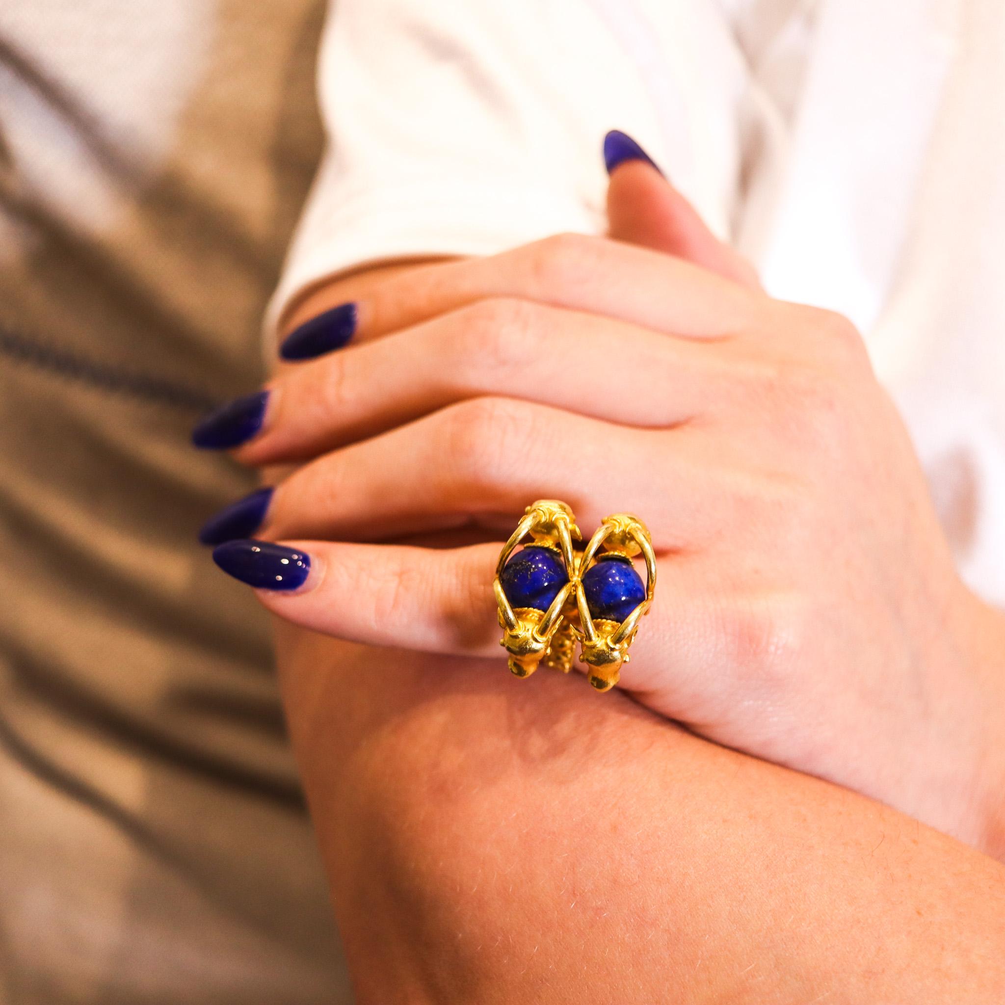 Zolotas Greek Four Rams Cocktail Ring In 21Kt Yellow Gold With Blue Lapis Lazuli For Sale 1