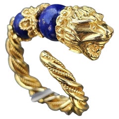 Zolotas Greek Lion Head Ring Lapis 18k Yellow Gold 11.3g sz ~7 Adjustable