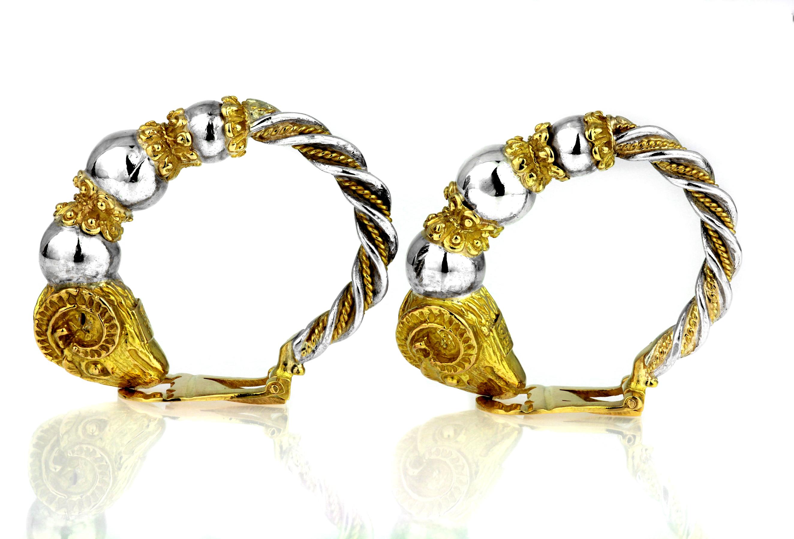 Greek Revival Zolotas, Greek Mythical Ram's Head Hoop Clip-On Earrings in 18K Gold and Silver