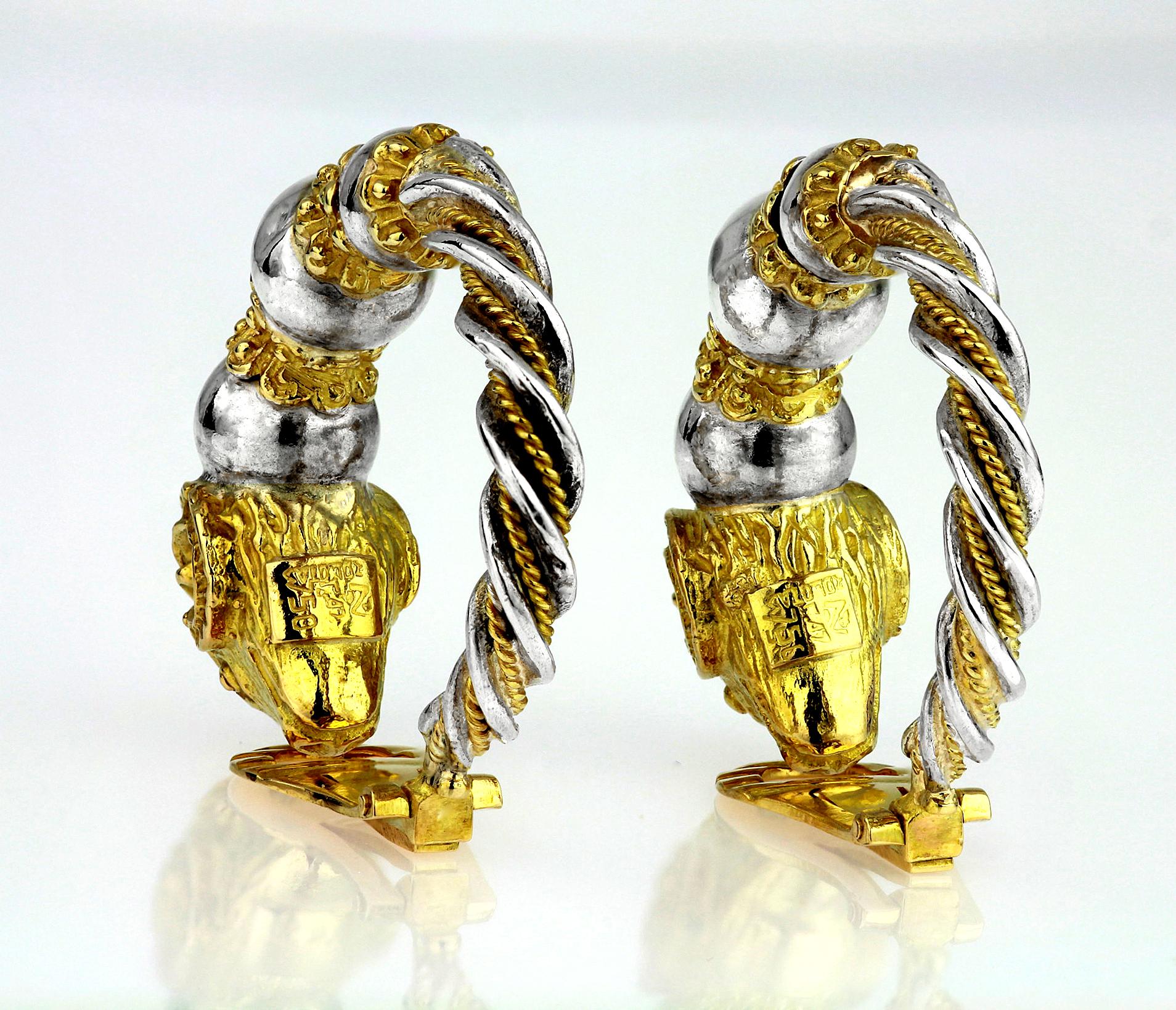Zolotas, Greek Mythical Ram's Head Hoop Clip-On Earrings in 18K Gold and Silver In Excellent Condition In London, GB