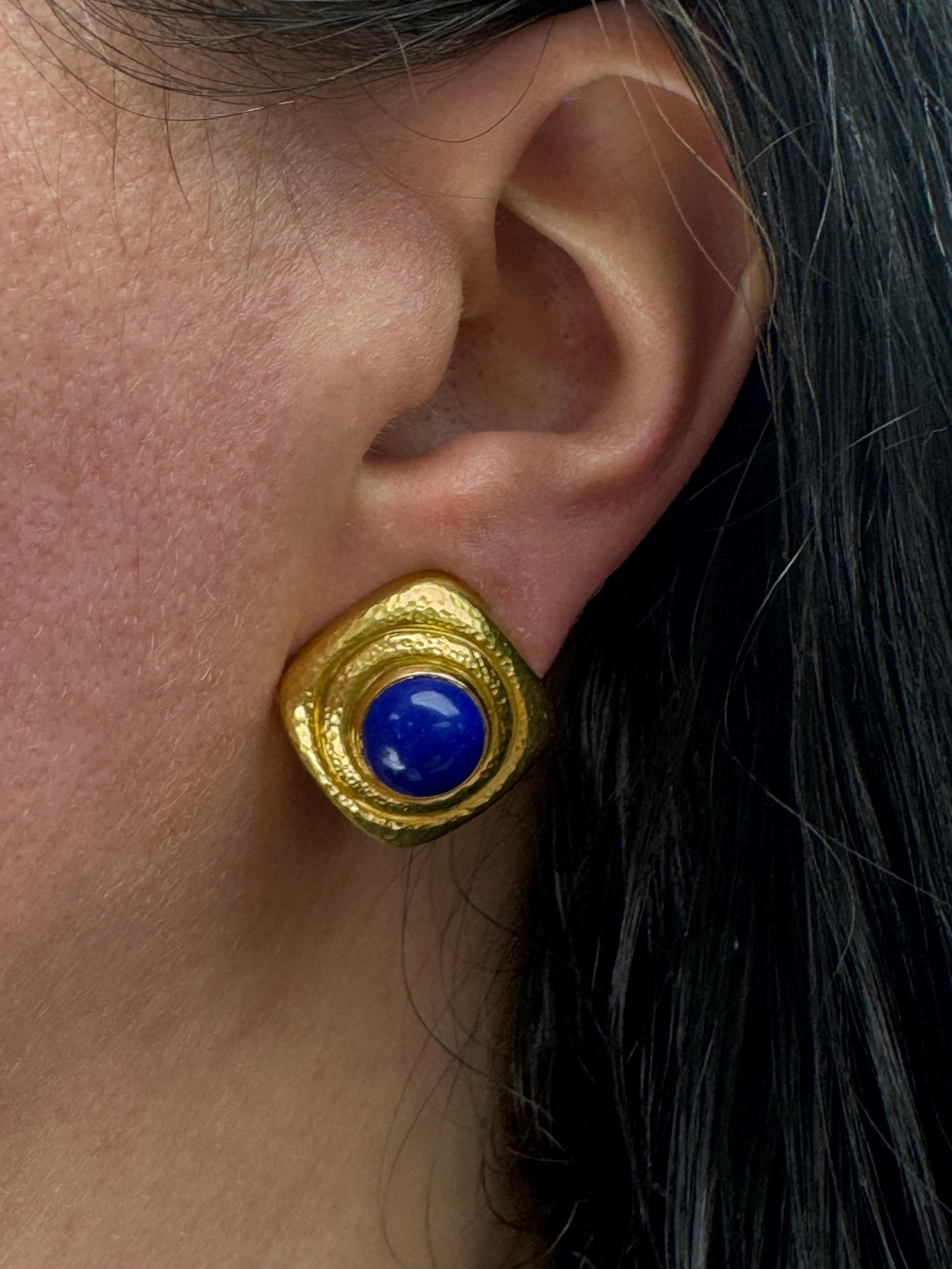 Contemporary Zolotas Lapis Clip On Stud Earrings 22 Karat Yellow Gold 21.6 Grams For Sale