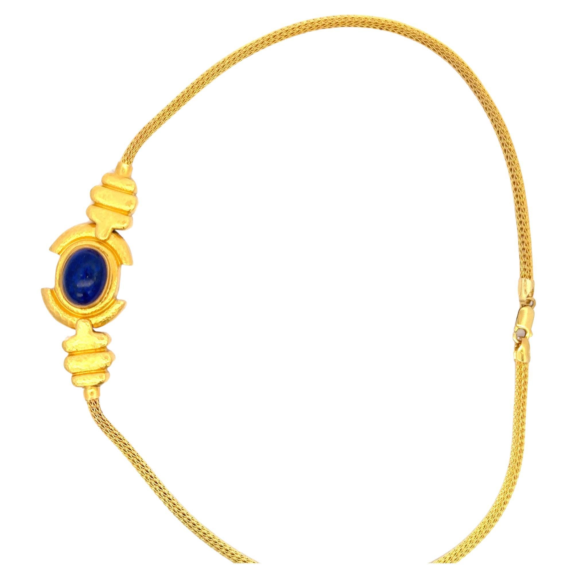 Oval Cut Zolotas Lapis Pendant Necklace 22 Karat Yellow Gold 40.9 grams  For Sale