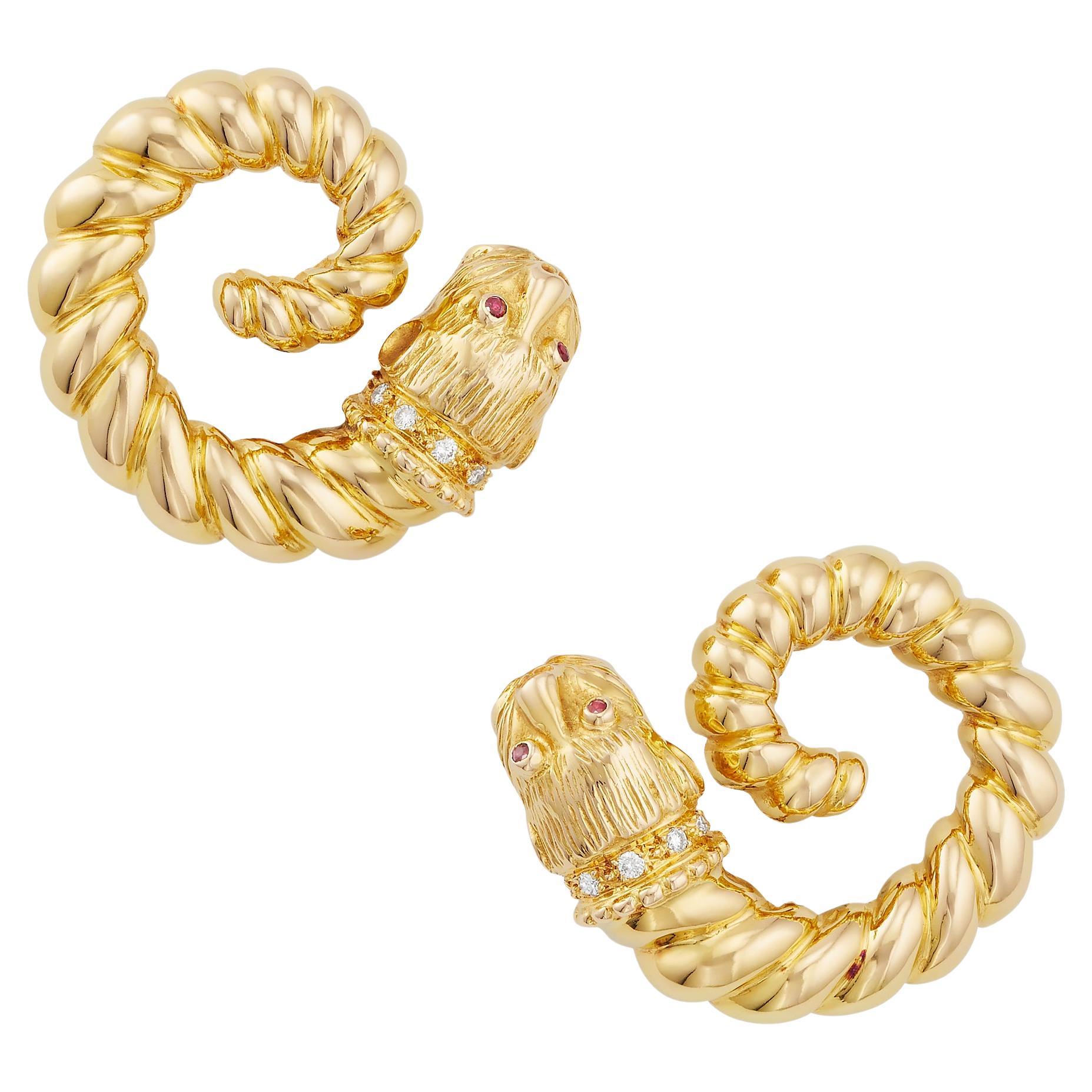 Zolotas Large Sculptural Greek Revival Earrings in 18K Gold Diamonds Rubies For Sale