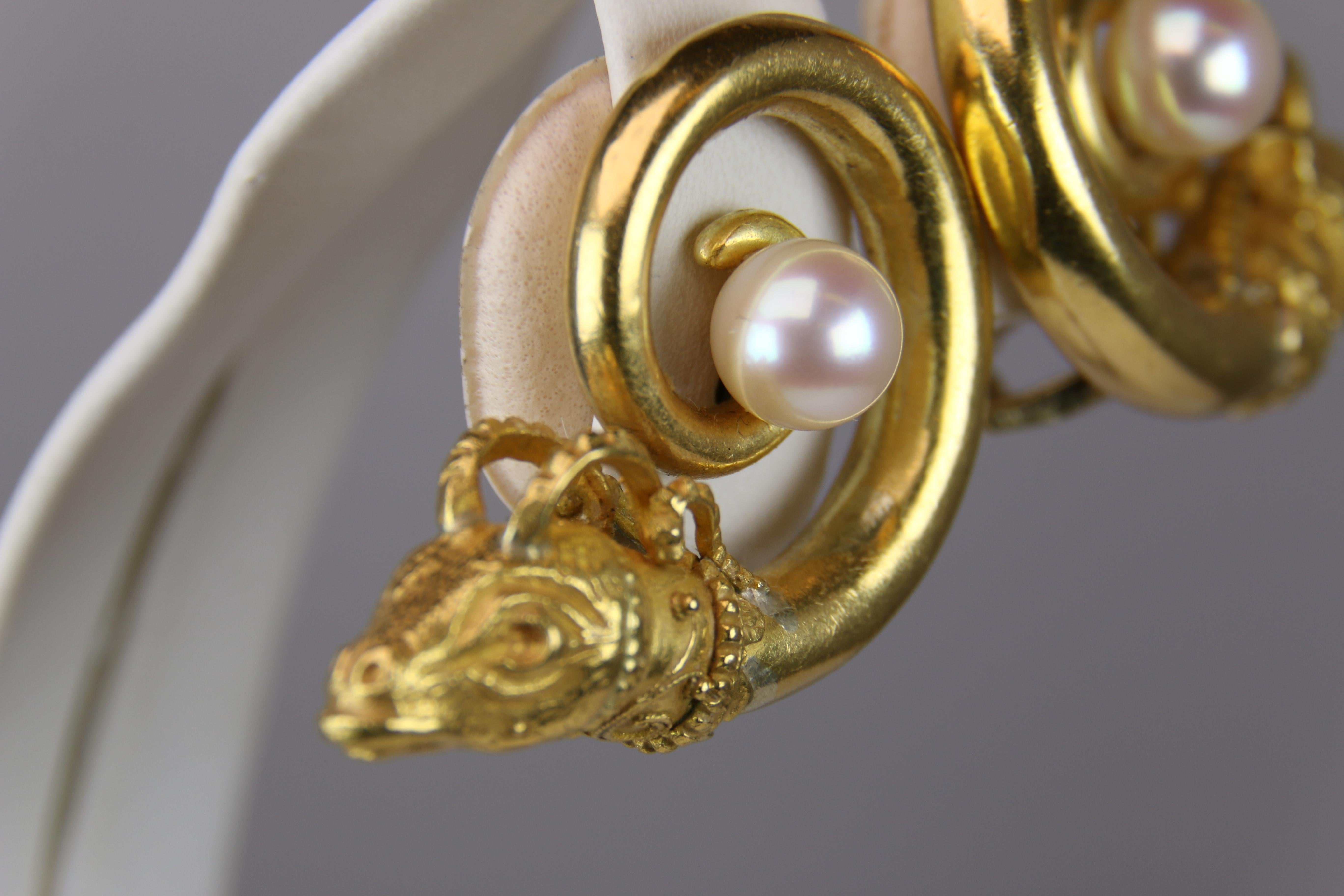 Round Cut Zolotas Lion and Pearl Clip-On Earrings For Sale