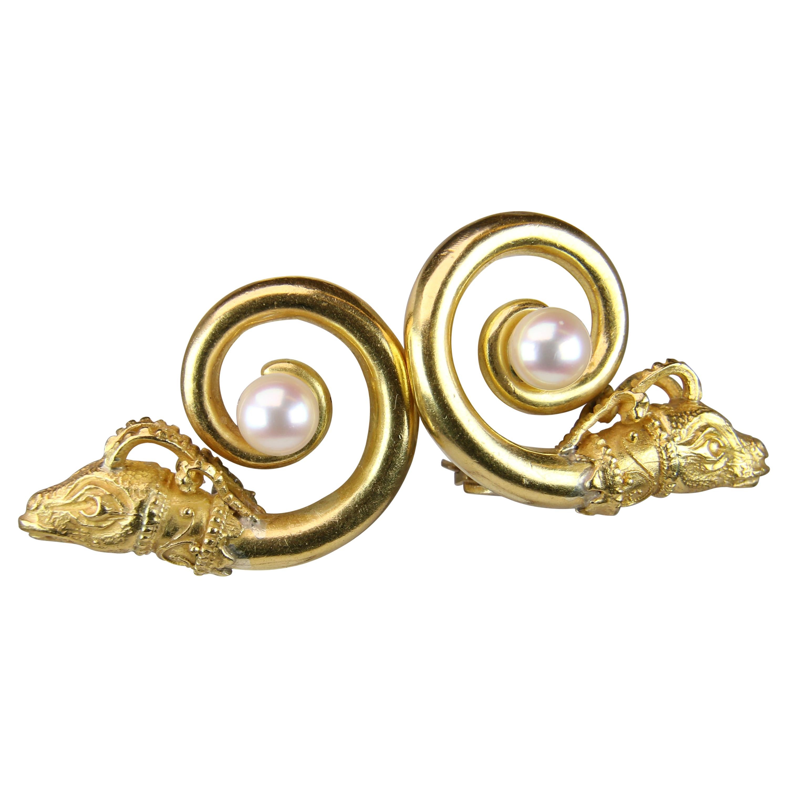 Zolotas Lion and Pearl Clip-On Earrings