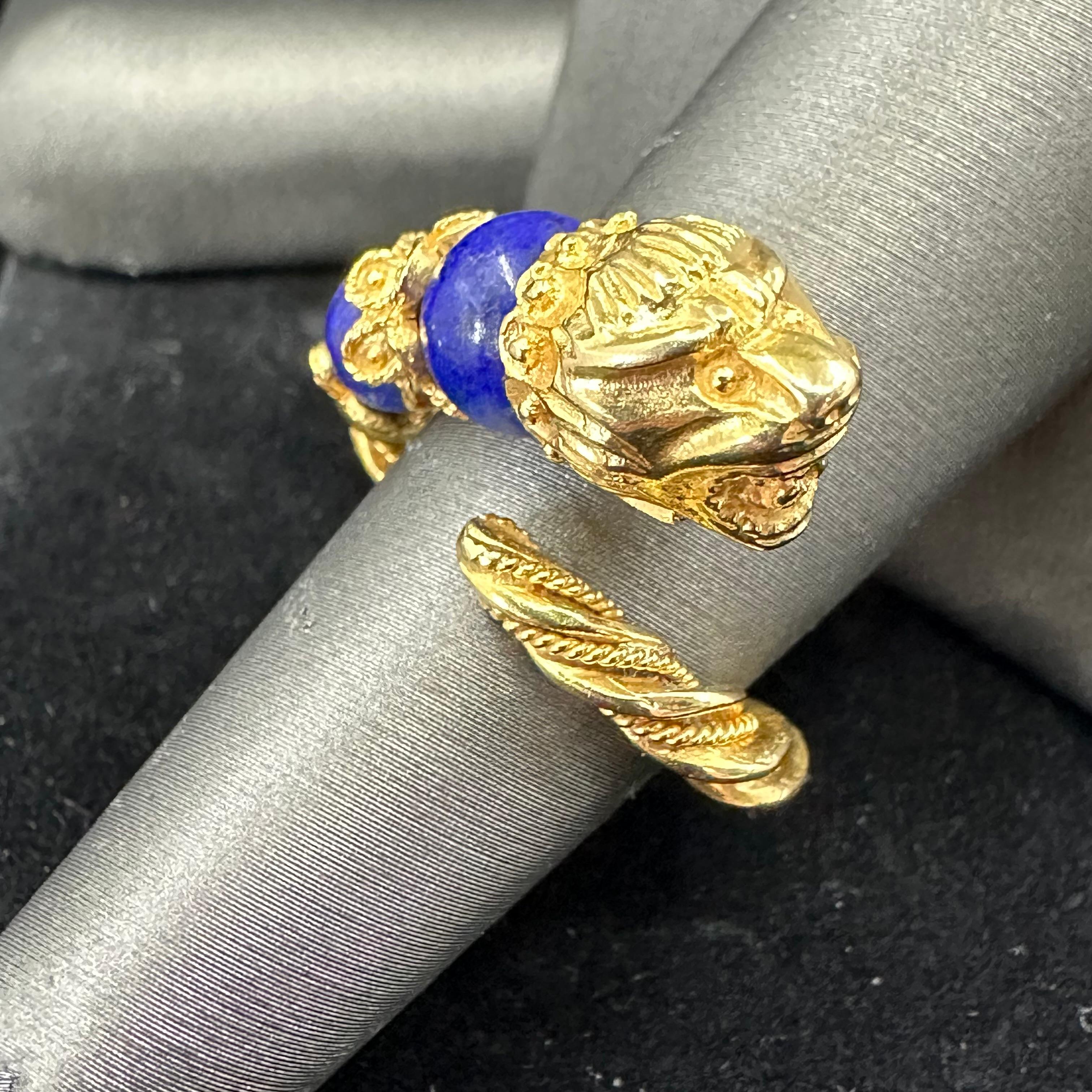Women's or Men's Zolotas Lion Head 18k Blue Lapis Ring For Sale