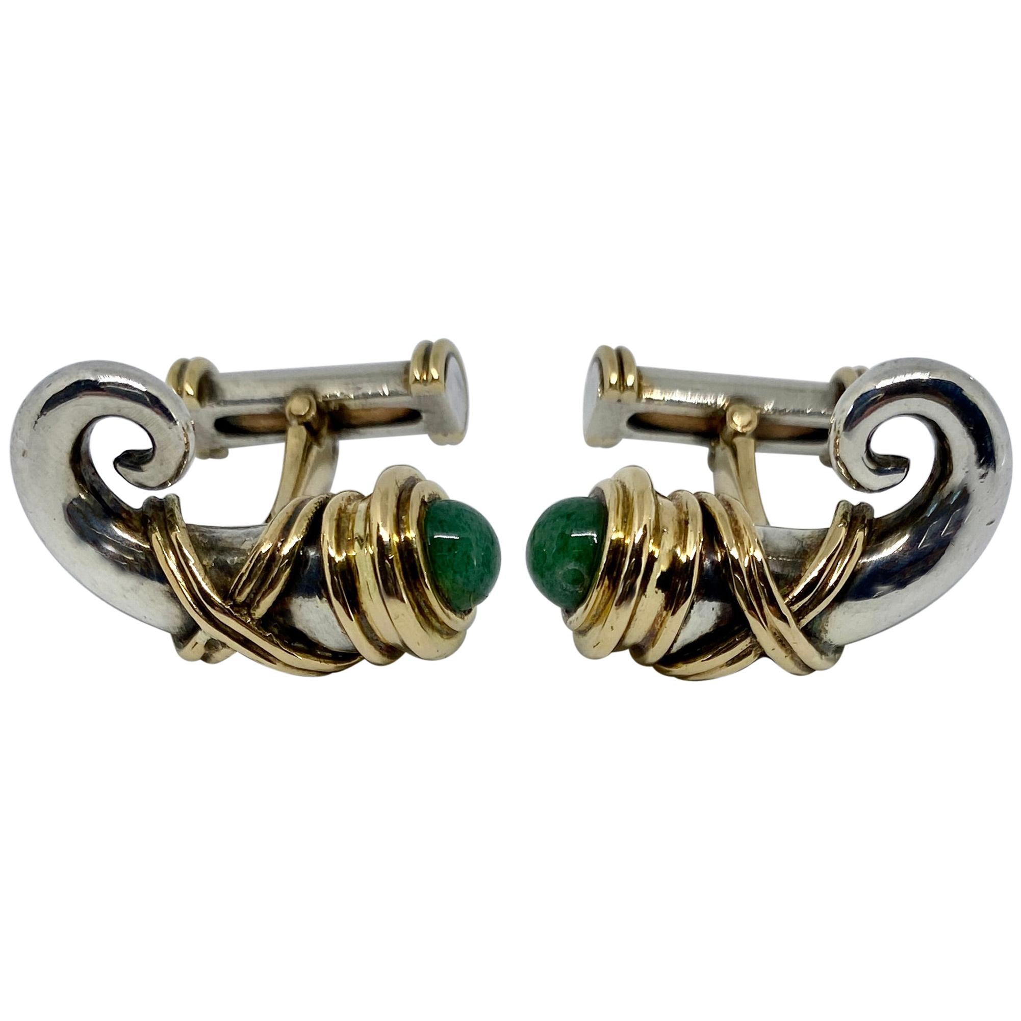 Zolotas "Ram" Cufflinks in 18 Karat Gold and Silver with Green Gemstones For Sale