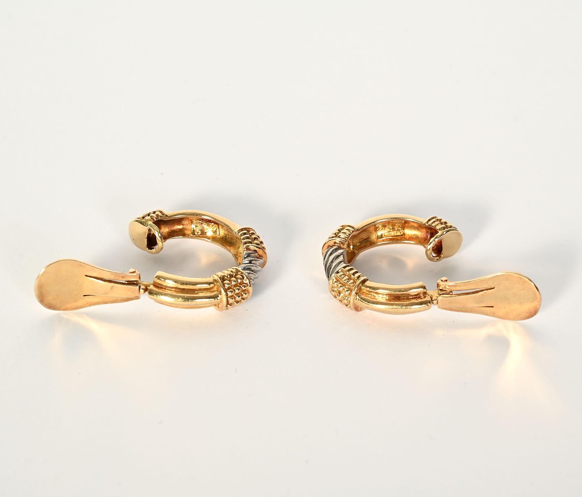 Zolotas Two Color Gold Hoop Earrings In Excellent Condition For Sale In Darnestown, MD