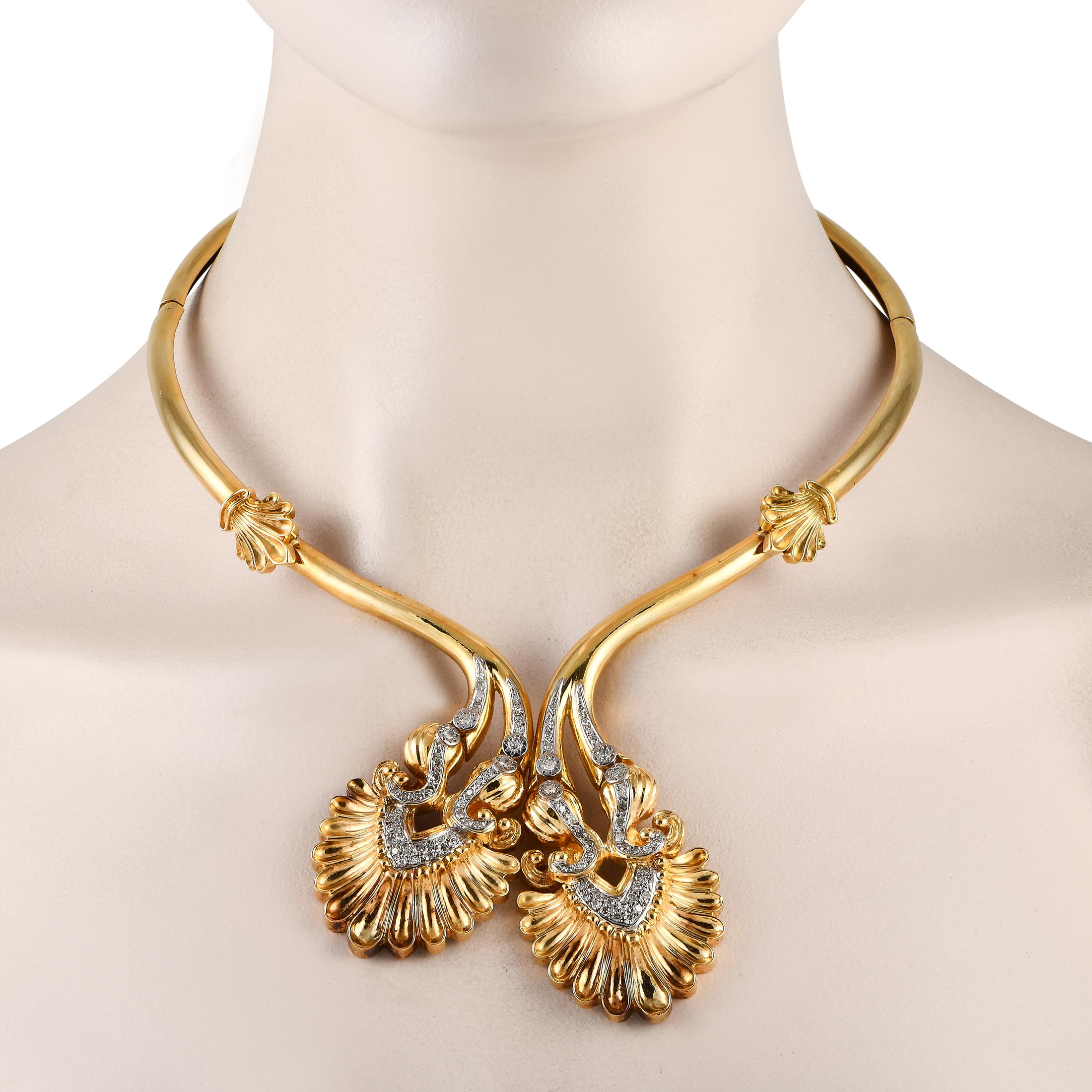 Complete your goddess look with this vintage Zolotas necklace. The perfect picture of Greek goldsmithery, this collar necklace comes in 18K yellow gold and is detailed with sculpted architectural motifs and encrusted with 2.0 carats of diamonds. The