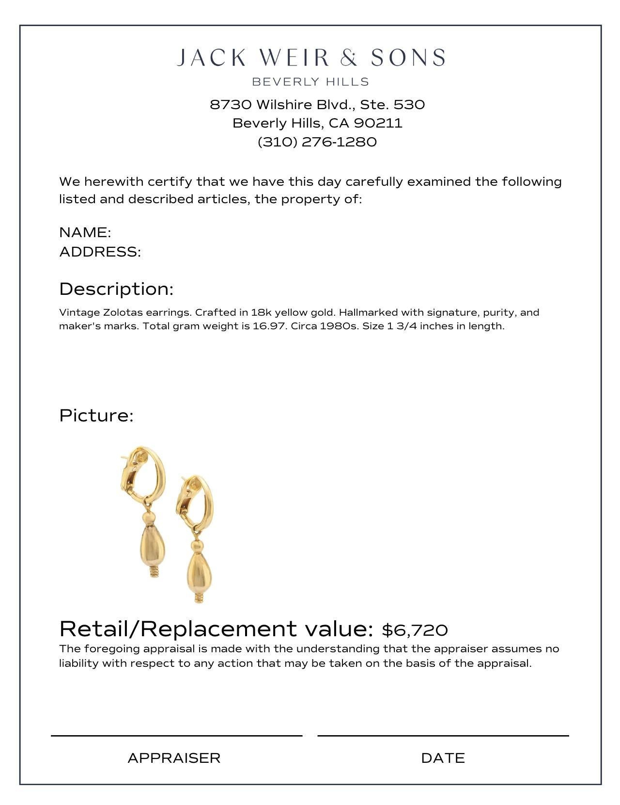 Women's or Men's Zolotas vintage 18k yellow gold drop earrings