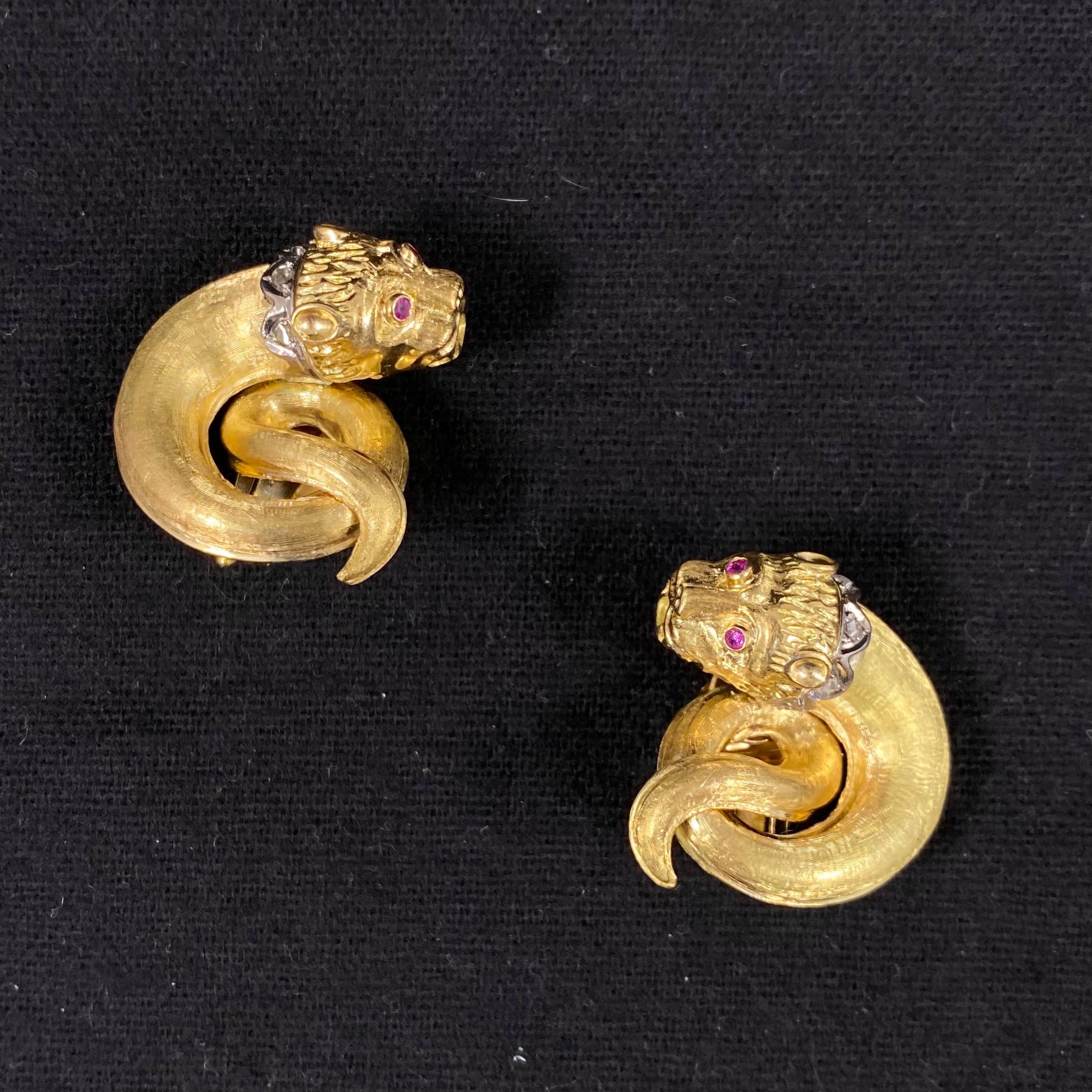 Zolotas Vintage Diamond Ruby Mythical Lion Mask Clip Earrings Yellow Gold 1970s 3